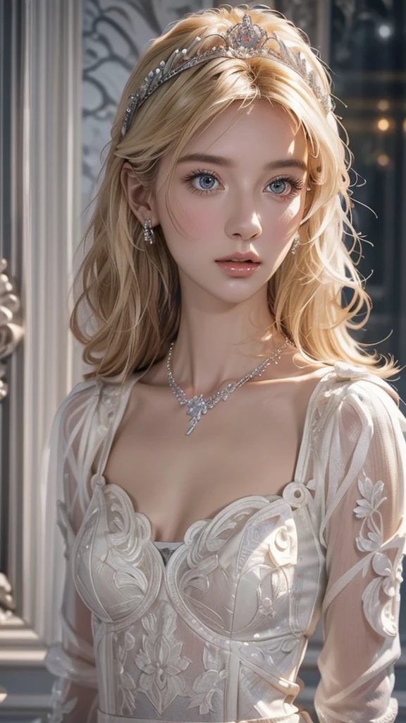 "(((obra-prima))), melhor qualidade, ultra-detallhado, High resolution CG image with a beautiful blonde woman with bright blue eyes, retratados em detalhes fascinantes. His delicate body is accurately represented at every angle. Ela possui longos cabelos loiros que caem suavemente sobre seu vestido da era vitoriana. The upper part of his body is sculpted to perfection. "