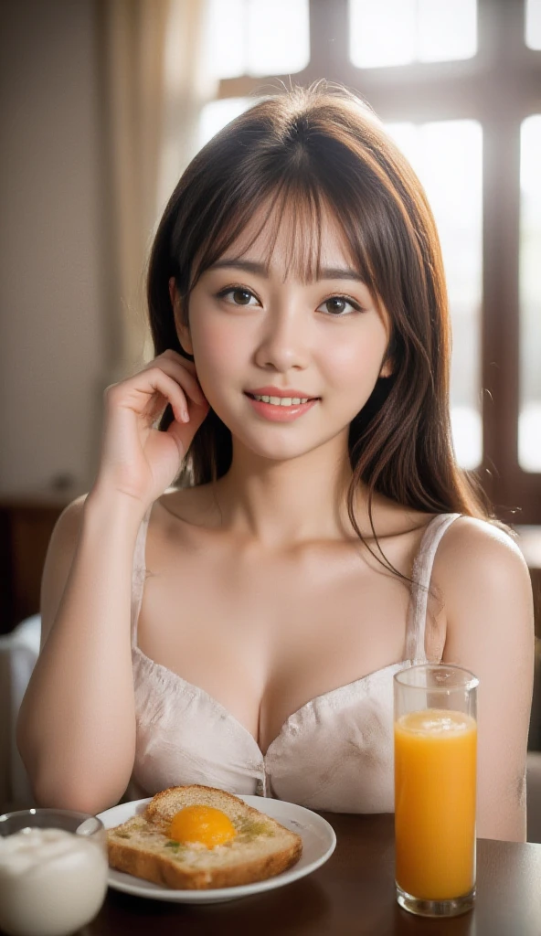 sitting at the table with a bowl of food,{{bikini woman:smile:double eyes}}, , Young beautiful gravure idol,, Genuine young gravure idol, ,