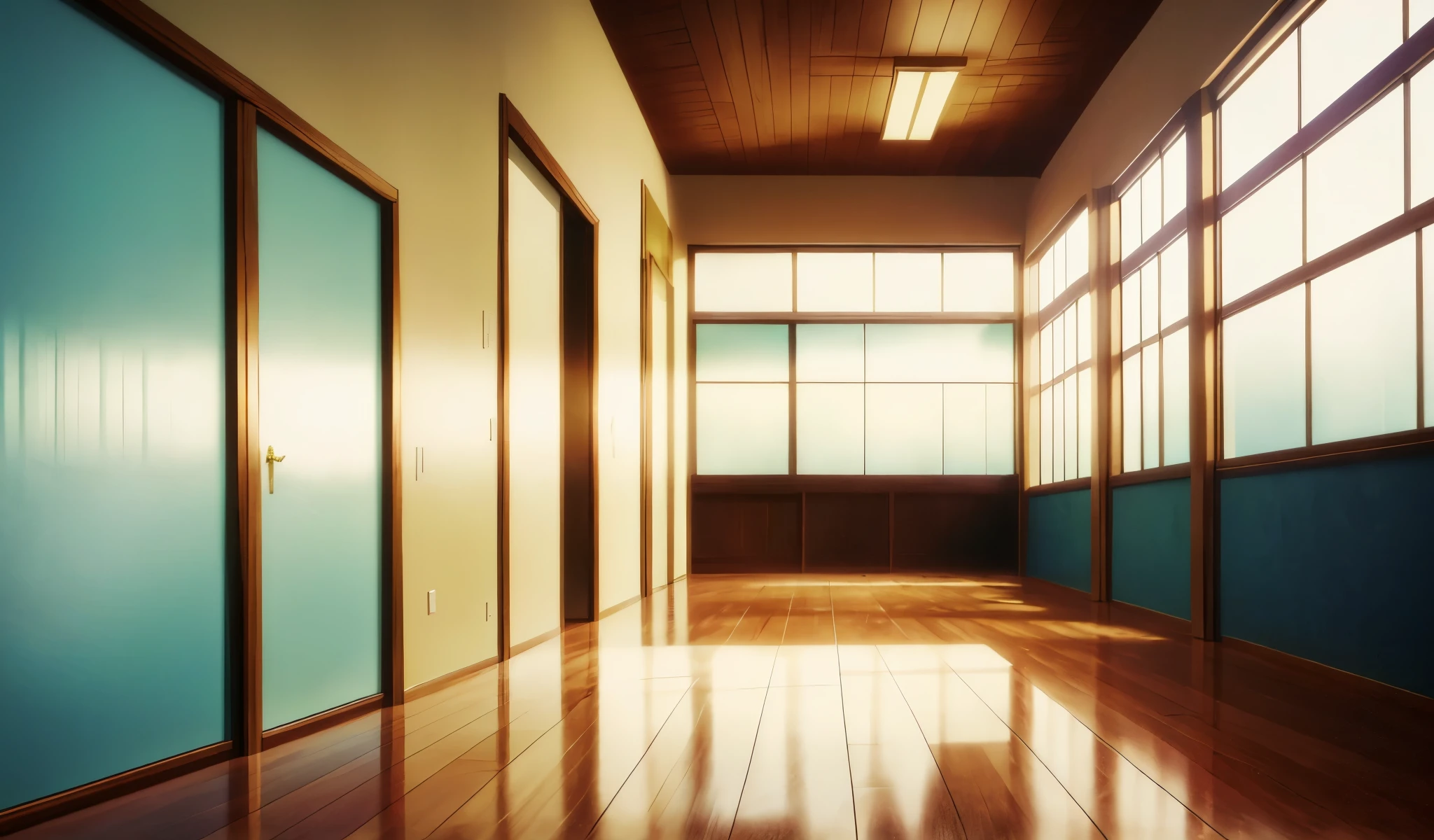 Drawn in 80’s anime art style.
Retro anime. Vintage Anime. Classical Anime.
Japanese High School Corridor.
The corridor stretches long and narrow, bathed in soft, natural light streaming through tall windows lining one side. The polished wooden floor gleams faintly, echoing the footsteps of students in the distance. Cream-colored walls are lined with sliding classroom doors, each with frosted glass panels that gently obscure the view inside. Sunlight filters through, casting rectangular patches of warm light on the floor.