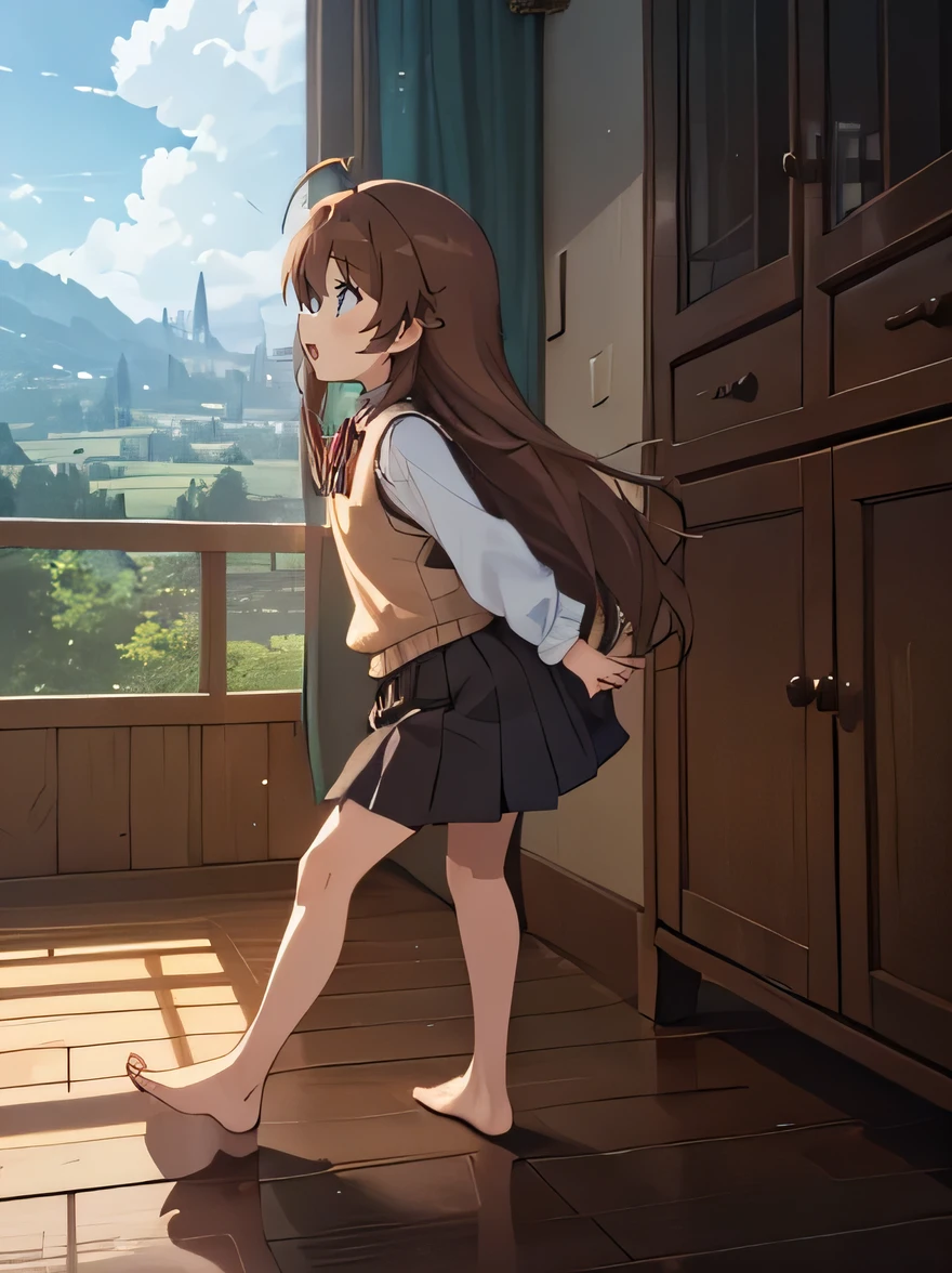 (masterpiece, top quality), EXTREMELY detailed CG Unity 8k wallpaper, high definition, bold composition, masterpiece, best quality, amazing quality, very aesthetic, high resolution, ultra-detailed, absurdres, newest, scenery, depth of field, lighting , artistic composition screencap, flat anime, 1 girl, view from front, nonkomari, dwarf, little_girl, , school_uniform, sweater vest, neck ribbon, brown_hair, long_hair, green_eyes, antenna_hair, bangs, stocky legs, inside abandoned, From below, (Close-up of soles of feet, bare feet), Stand with one leg raised