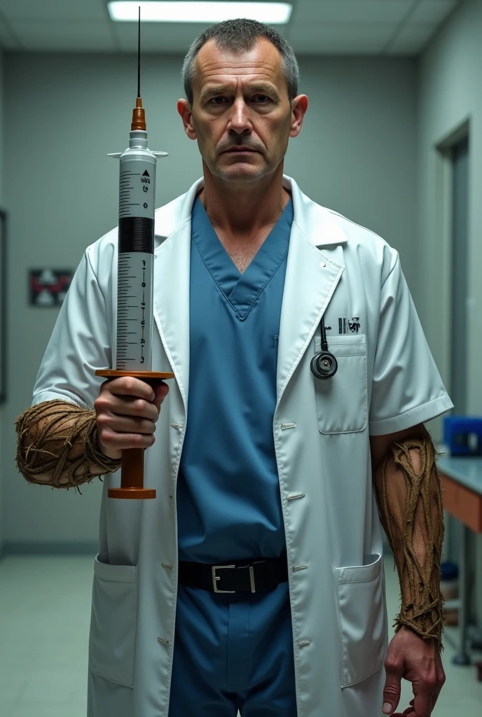 Realistic image of a doctor fleeing from a horde of zombies that are chasing him
