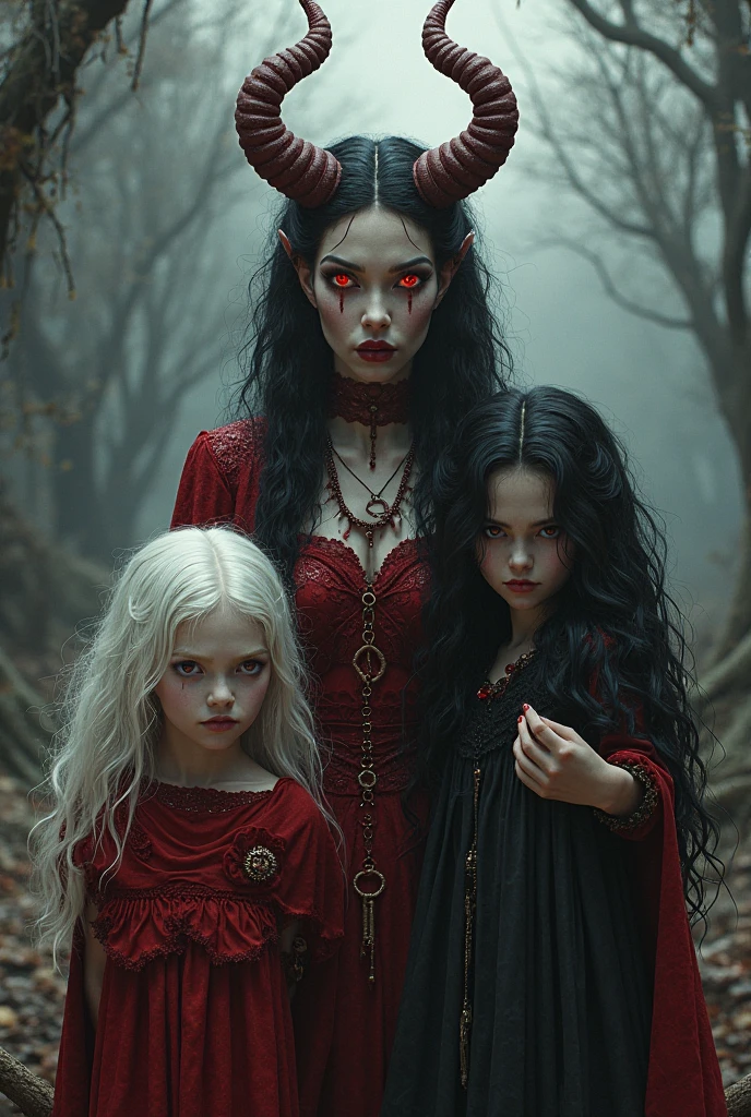 Depict an 18th century vampire family, including an extremely beautiful mother with long black hair; two little girls with red hair, one with white hair and one with black hair. Follow exactly the characteristics described