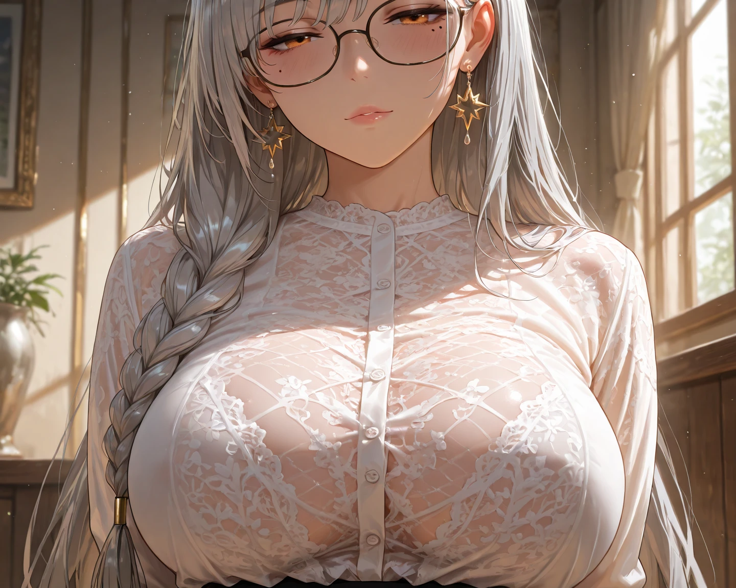 1Girl, 24 years old, Solo, Anime, Ideal body, (Cleavage, (Small breast:1.1), (Hard nipples:1.1). Beautiful, Gorgeous, Fresh, Flesh, Blunt Bangs, (White Grey Hair:1.5), (Straight and Wavy Long Hair:1.3), (Casual:1.5), Shirt, Cloth, Formal, Dating, Teacher, Office, (Pantyhose:1.5), Off-Shoulder, Oversize, Comfort, Loose, Fabric Texture. (Seducing Pose on bed:1.3), Open cloth, (Rounded Eye Glasses), Nerdy, Earrings, Thin Black Headband, Green Accessories, Environmental Details, Bed Room, Natural Light, Modern Bed, Chair, Window, White Curtain, City View. pov, anime style, UHD, retina, masterpiece, accurate, anatomically correct, textured skin. High Resolution, Looking at the viewer, Blush, Best Quality, Award Winning, Accurate, Embarrassed, seductive smile, sweating, Naughty Face, Naughty Smile, Chin up, lips open, Gradient Eye Color, Sexy Pose. In the top view shot, in front of a camera, looking up to the viewer, (sticky goo on breast), (goo on body), (sweating).