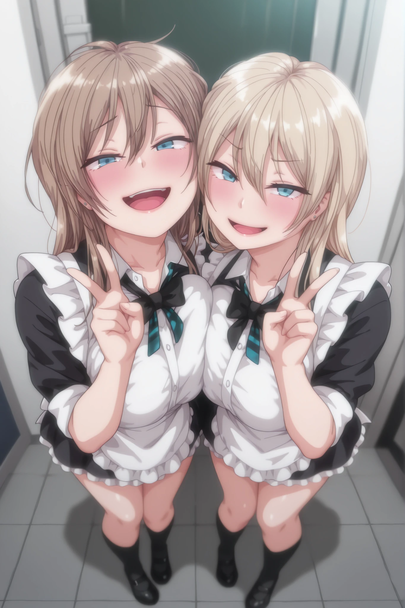 masterpiece, best quality, amazing quality, absurd, 2 girls, kurashiki reigns, long hair, blue eyes, blonde hair, smile, narrowed eyes, parted lips, looking at viewer, naughty face, chisa, alone, chisa_IlXL,Brown Hair,, smile, smiling, messy hair, looking at viewer, maid costume, , standing, hair between the eyes, v sign, blushing, open mouth, blinking, happy, full body