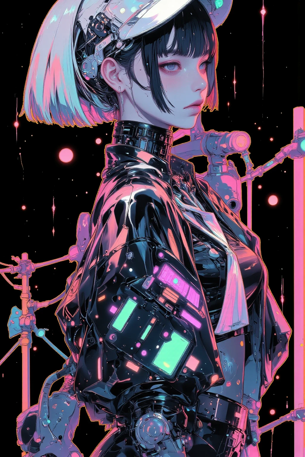 futuristic hacker female, Bob＋Mesh Color（Blue or Purple)effectively incorporate hairpins in an asymmetrical hairstyle,wear a futuristic jacket with fluorescent lines,cyber goggles and ear-hook device,  I wear headphones around my neck  ,Easy to move shorts, pure white skin,keyboard pattern tie and cord pattern gloves that hide fingerprints,Bring a laptop、Hacks,USB memory type charms and accessories at the waist,drone support robot partner,
black、 neon blue、Purple 、Use silver a lot,pink and fluorescent green accent colors create a strong futuristic atmosphere in vector art style,virtual space background with digital code flowing through cyberspace, High Contrast Illustration  ,   vector style drawing  ,猫の足跡🐾のイヤリング ,  vector artwork  ,  vector illustration  ,    vector style drawing   ,  High Contrast Illustration  , in style of   pocket digital illustration ,  High Quality Work ,hacker woman in white hat wearing lots of silver clothes ,   vector art,   pocket digital illustration,  contemporary art illustration  , Digital Art Illustration, profile artwork,
