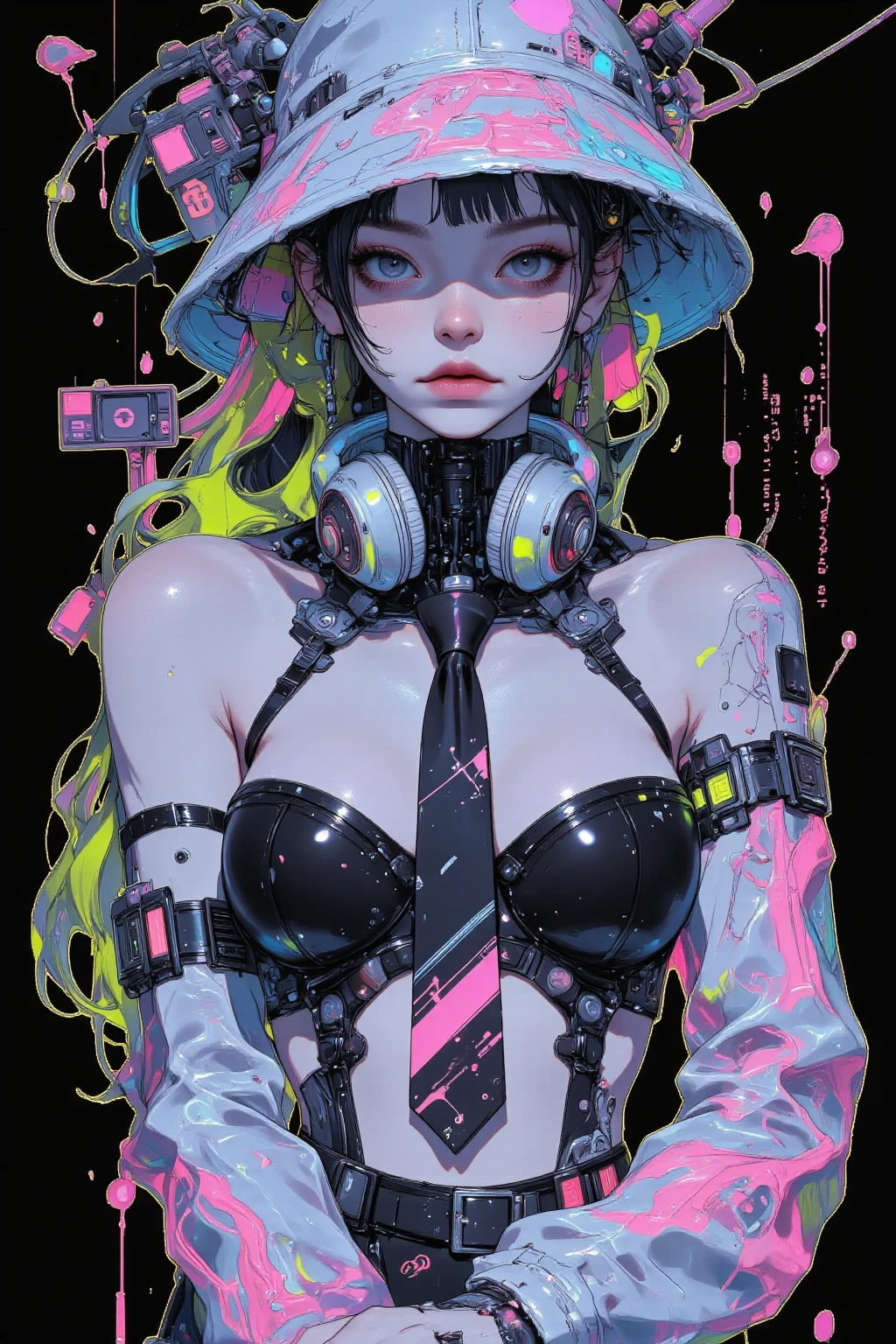 futuristic hacker female, Bob＋Mesh Color（Blue or Purple)effectively incorporate hairpins in an asymmetrical hairstyle,wear a futuristic jacket with fluorescent lines,cyber goggles and ear-hook device,  I wear headphones around my neck  ,Easy to move shorts, pure white skin,keyboard pattern tie and cord pattern gloves that hide fingerprints,Bring a laptop、Hacks,USB memory type charms and accessories at the waist,drone support robot partner,
black、 neon blue、Purple 、Use silver a lot,pink and fluorescent green accent colors create a strong futuristic atmosphere in vector art style,virtual space background with digital code flowing through cyberspace, High Contrast Illustration  ,   vector style drawing  ,猫の足跡🐾のイヤリング ,  vector artwork  ,  vector illustration  ,    vector style drawing   ,  High Contrast Illustration  , in style of   pocket digital illustration ,  High Quality Work ,hacker woman in white hat wearing lots of silver clothes ,   vector art,   pocket digital illustration,  contemporary art illustration  , Digital Art Illustration, profile artwork,