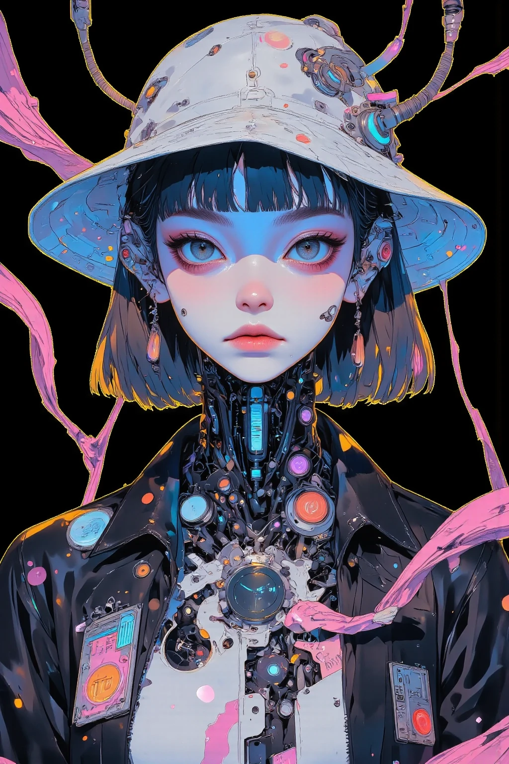 futuristic hacker female, Bob＋Mesh Color（Blue or Purple)effectively incorporate hairpins in an asymmetrical hairstyle,wear a futuristic jacket with fluorescent lines,cyber goggles and ear-hook device,  I wear headphones around my neck  ,Easy to move shorts, pure white skin,keyboard pattern tie and cord pattern gloves that hide fingerprints,Bring a laptop、Hacks,USB memory type charms and accessories at the waist,drone support robot partner,
black、 neon blue、Purple 、Use silver a lot,pink and fluorescent green accent colors create a strong futuristic atmosphere in vector art style,virtual space background with digital code flowing through cyberspace, High Contrast Illustration  ,   vector style drawing  ,猫の足跡🐾のイヤリング ,  vector artwork  ,  vector illustration  ,    vector style drawing   ,  High Contrast Illustration  , in style of   pocket digital illustration ,  High Quality Work ,hacker woman in white hat wearing lots of silver clothes ,   vector art,   pocket digital illustration,  contemporary art illustration  , Digital Art Illustration, profile artwork,
