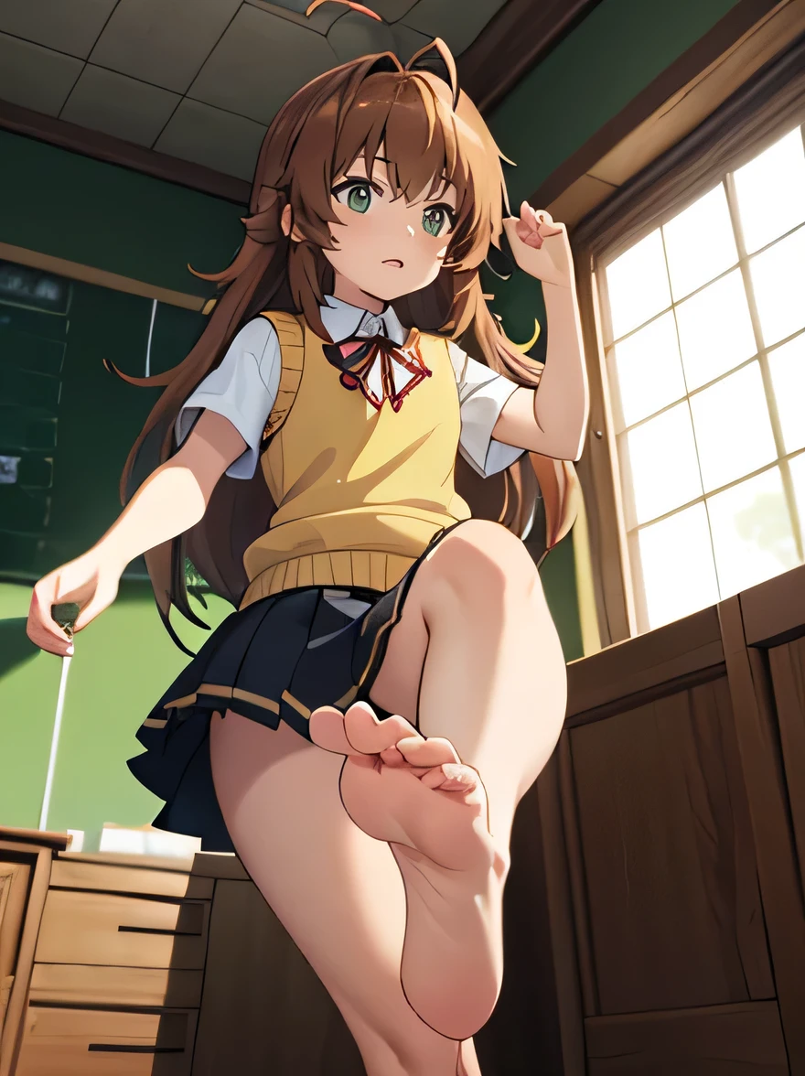(masterpiece, top quality), EXTREMELY detailed CG Unity 8k wallpaper, high definition, bold composition, masterpiece, best quality, amazing quality, very aesthetic, high resolution, ultra-detailed, absurdres, newest, scenery, depth of field, lighting , artistic composition screencap, flat anime, 1 girl, view from front, nonkomari, dwarf, little_girl, , school_uniform, sweater vest, neck ribbon, brown_hair, long_hair, green_eyes, antenna_hair, bangs, stocky legs, inside abandoned, From below, (Close-up of soles of feet, bare feet), Stand with one leg raised
