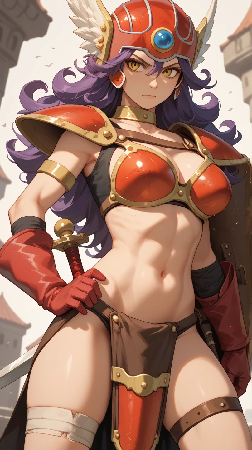 (masterpiece, best quality:1.2), soldier \(dq3\), 1girl, bikini armor, long hair, curly hair, purple hair, blue eyes, large breasts, gloves, loincloth, winged helmet, red armor, holding sword and shield, <lora:DQ3SoldierV2-000005:1>