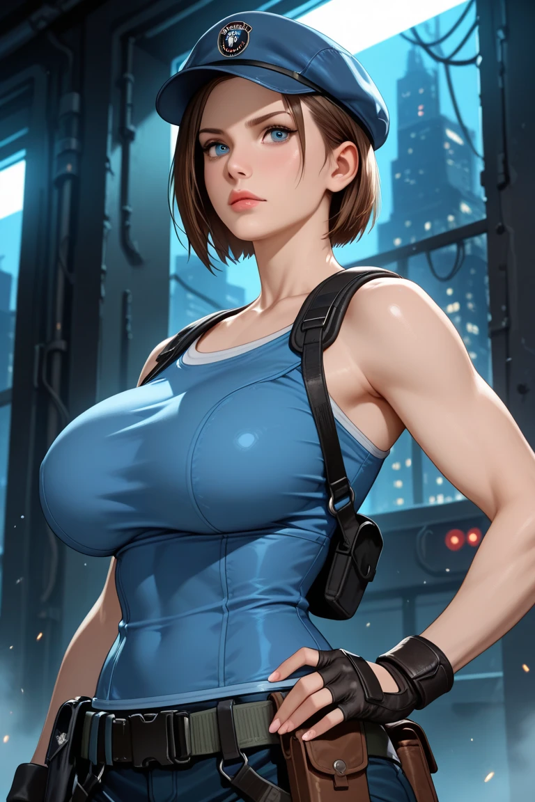((((masterpiece, best quality, high resolution)))), Extremely detailed 8K, 1 female, (Jill Valentine from Resident Evil) wearing a futuristic police gear, (Ultra HD, Ultra-detailed, Highly detailed, Highly realistic, Ultra-realistic, photograph realistic), (1girl:1.5), (Realistic short brown hair), (dynamic poses), facing at camera, looking at viewer, (a serious focus face), (regular black eyes, sharp eyes), (perky breasts:1.2), (beautiful detailed face, beautiful detailed eyes), ((slightly sweating)), (post-apocalyptic world background), sweat, glow, (sunbeam, sunlight), ((cowboy shot)), seductive, EnvyBetterHands LoCon,