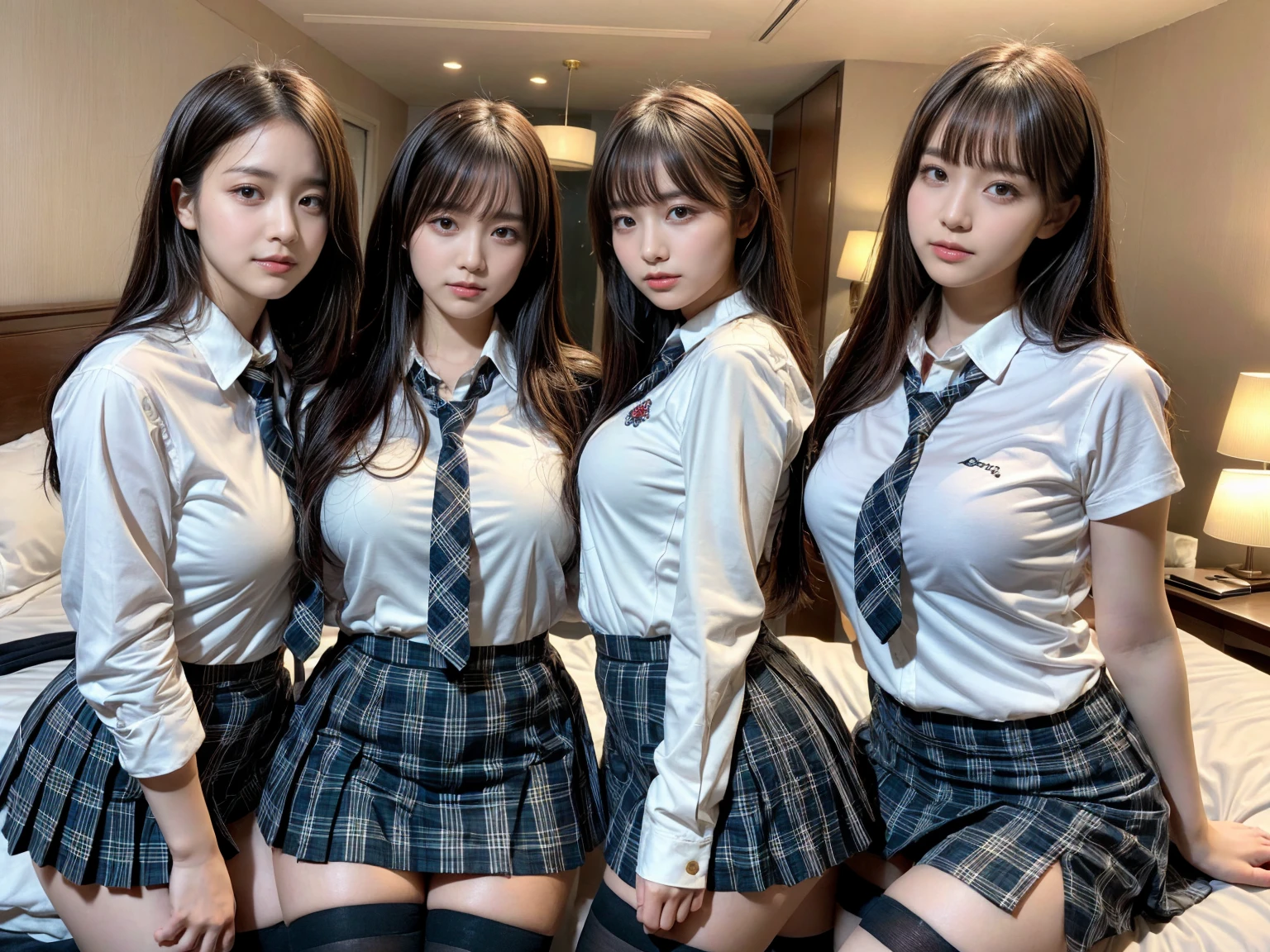 masterpiece、Ultra High Quality、Perfect Anatomy、hight resolution、2 girls in、(Face each other and press chest to chest:1.8)、Shoot from above、(((short-hair)、Beautiful black hair))、(Beautiful eyes、A detailed eye、drooing eyes、Natural eyeedium tits:1.8)、((Beautiful legs、((Closed legs))、(Hands between the legs)、(Chest between arms)))、((School uniform、(Tight white blouse shirt:1.4)、(Plaid miniskirt)、(bowtie)))、high school girl、The background is a luxury hotel room))