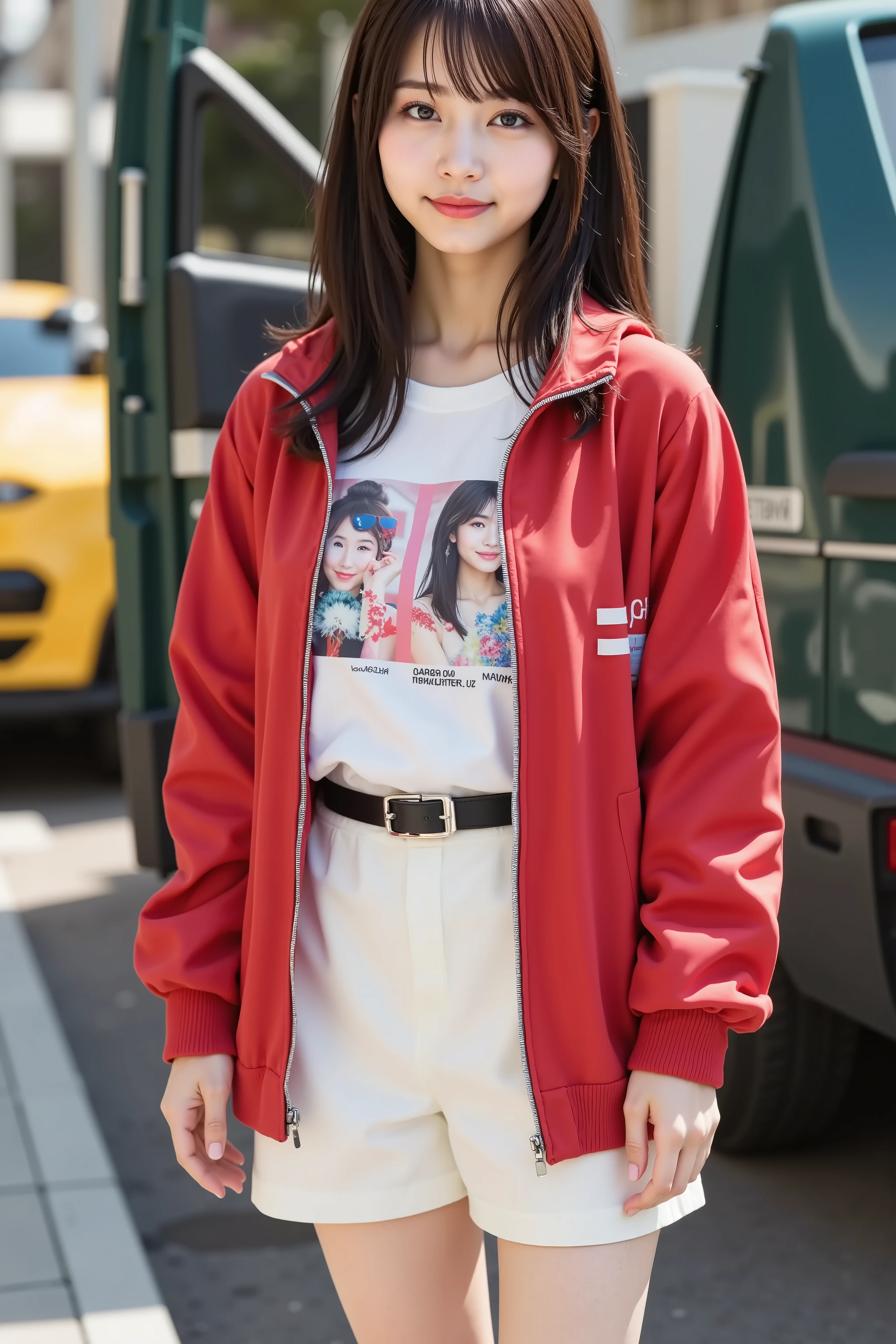 haruka, firm breast, by adjusting the framing so the subject's full head is visible within the composition, with the crop showing only from just above the bust to slightly above the top of the head. Ensure there is a comfortable amount of background space above the head to establish spatial context. a highly detailed and realistic digital illustration of a casually dressed young woman standing in an urban setting near a vehicle door, by adjusting the framing so the subject's full head is visible within the composition, with the crop showing only from just above the bust to slightly above the top of the head. Ensure there is a comfortable amount of background space above the head to establish spatial context. She is wearing a red zip-up windbreaker jacket with ribbed cuffs, front pockets, and white double stripes running across the upper chest and sleeves.
Under the jacket, she wears a white graphic t-shirt featuring a colorful design with stylized figures and text. The shirt is tucked into a high-waisted white mini skirt, secured with a black belt. The skirt has a clean shape and smooth finish, with subtle folds forming near the hem. The contrast between the printed tee and the solid outer layer creates a laid-back streetwear vibe.
The red jacket is slightly oversized with relaxed shoulders, contributing to the casual look. Its surface catches daylight, casting highlights and shadows along the creases. The collar is flat, and the zipper is left open to show the full print of the shirt beneath.
She stands next to an open vehicle door, partially framed by the edge of the car. A dark green vehicle is parked beside her, its glossy paint reflecting nearby shapes. In the background, a yellow car adds another layer to the city environment. The setting is lit by direct sunlight, which creates sharp contrasts and enhances the textures of clothing, metal, and pavement.
The scene captures a clean, modern city moment focused on bold colors, soft urban light, and relaxed fas