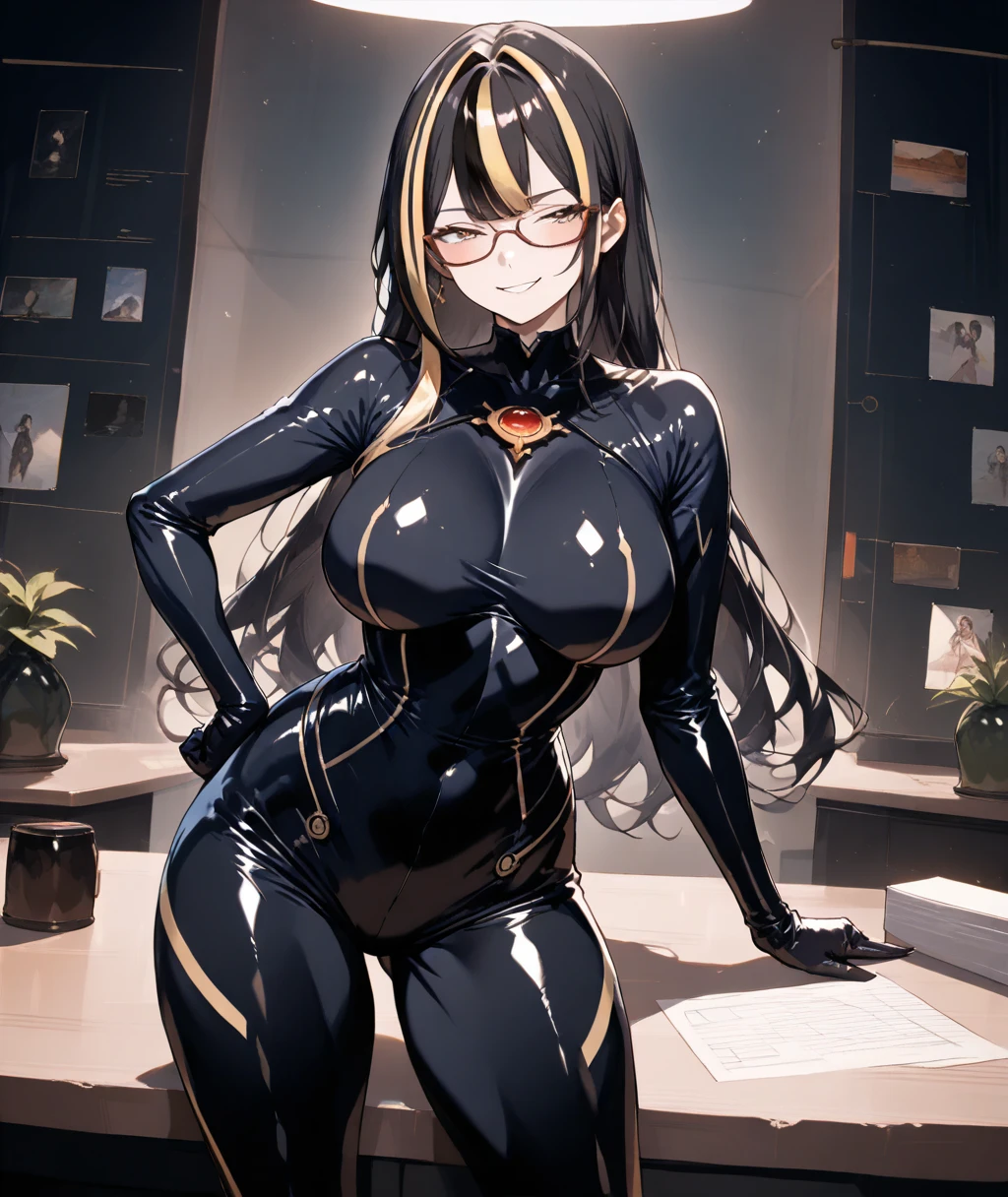 (masterpiece, best quality), 1girl, xianyun, glasses,ponytail, red-framed eyewear, under-rim eyewear,ponytail,
BREAK ((bodysuit:1.5), skin tight, superhero:1.2), BREAK ((arms behind back:1.5)),
BREAK ((top quality, 8k, masterpiece: 1.3, ultra hd, high quality, best quality, high definition, realism)), sharp focus: 1.5, Beautiful woman with Slim body, (perfect hands, perfect anatomy),