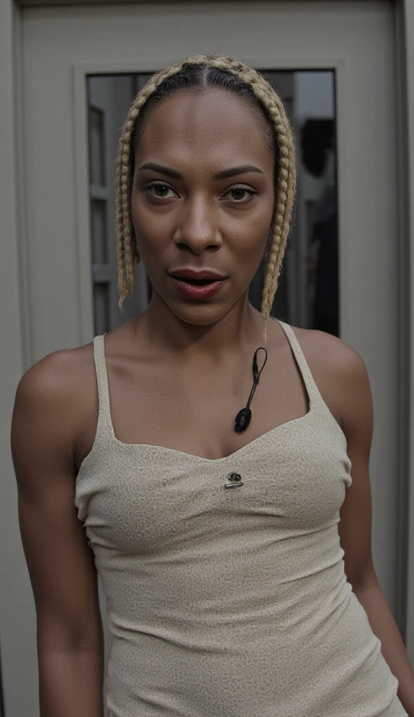 (1black girl, alternative hair color, long Afro hair half tied up, brown eyes, expressionless) (beach) (in detailed dressing room, (arms with bracelets, high collar, capulana, necklace, shiny)), best quality, tattooed arms , bright, on the beach and flip-flops, sand and water