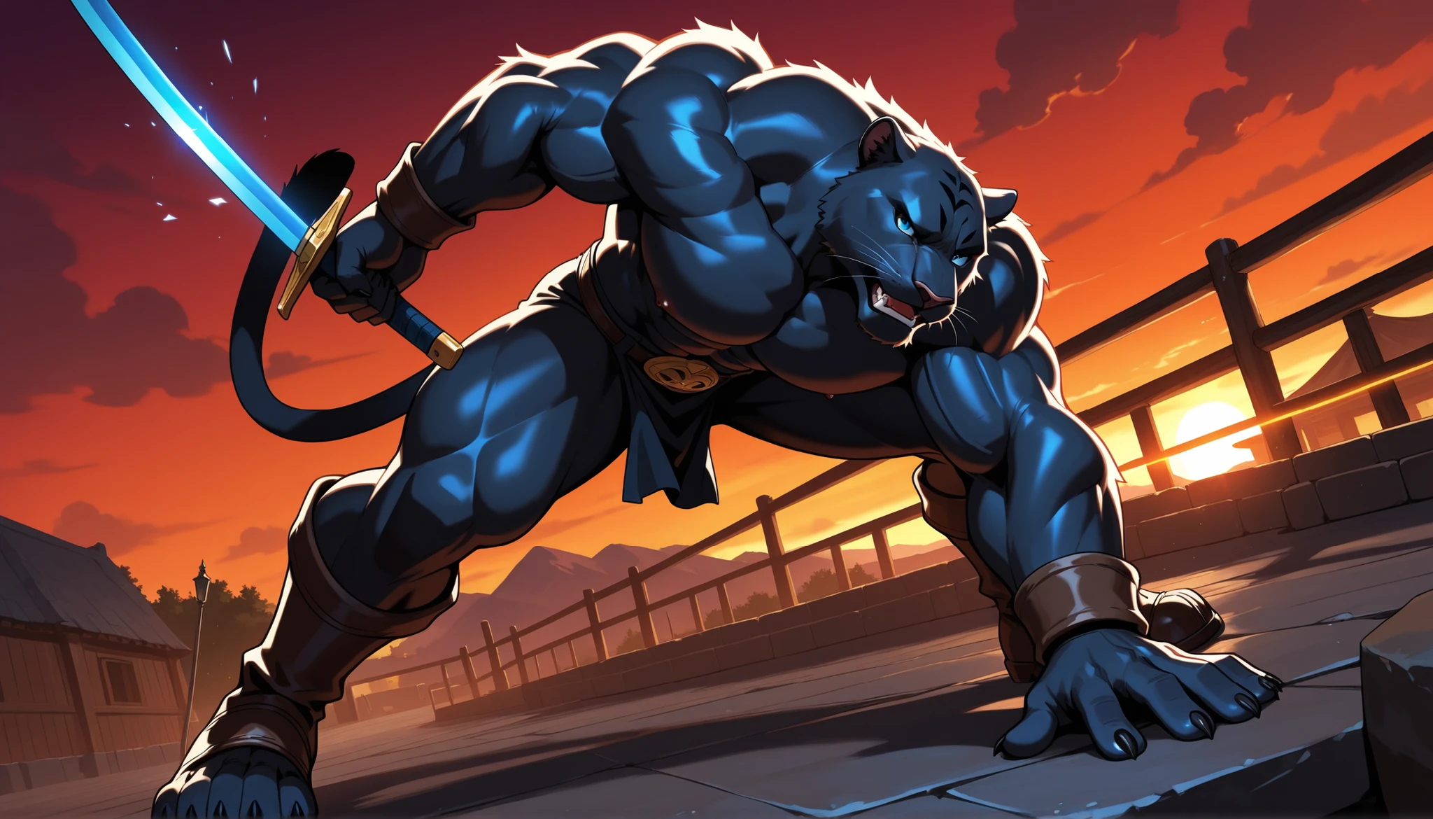 nj5furry, (panther,  massive, huge), panther, ((extremely realistic shadows, masterpiece, extremely detailed, photorealistic)), kemono, panther, red nose, green eyes, ((detailed eyes)) luminescence in his eyes, fur, wears a loose, dark brown Jedi-style fabric pants and a brown fabric belt without a buckle revealing huge muscular thighs; bulge in the crotch, jungle, night, moon rays, moon, stars, nebulae, Height 2 meters high, the optimal height, tight clothing, body full of muscles; muscle pecs, ripped abs, V-shaped body, thick waist, long legs, strong arms manly, handsome face, attractive cool calm face type with a cold smile, topless.