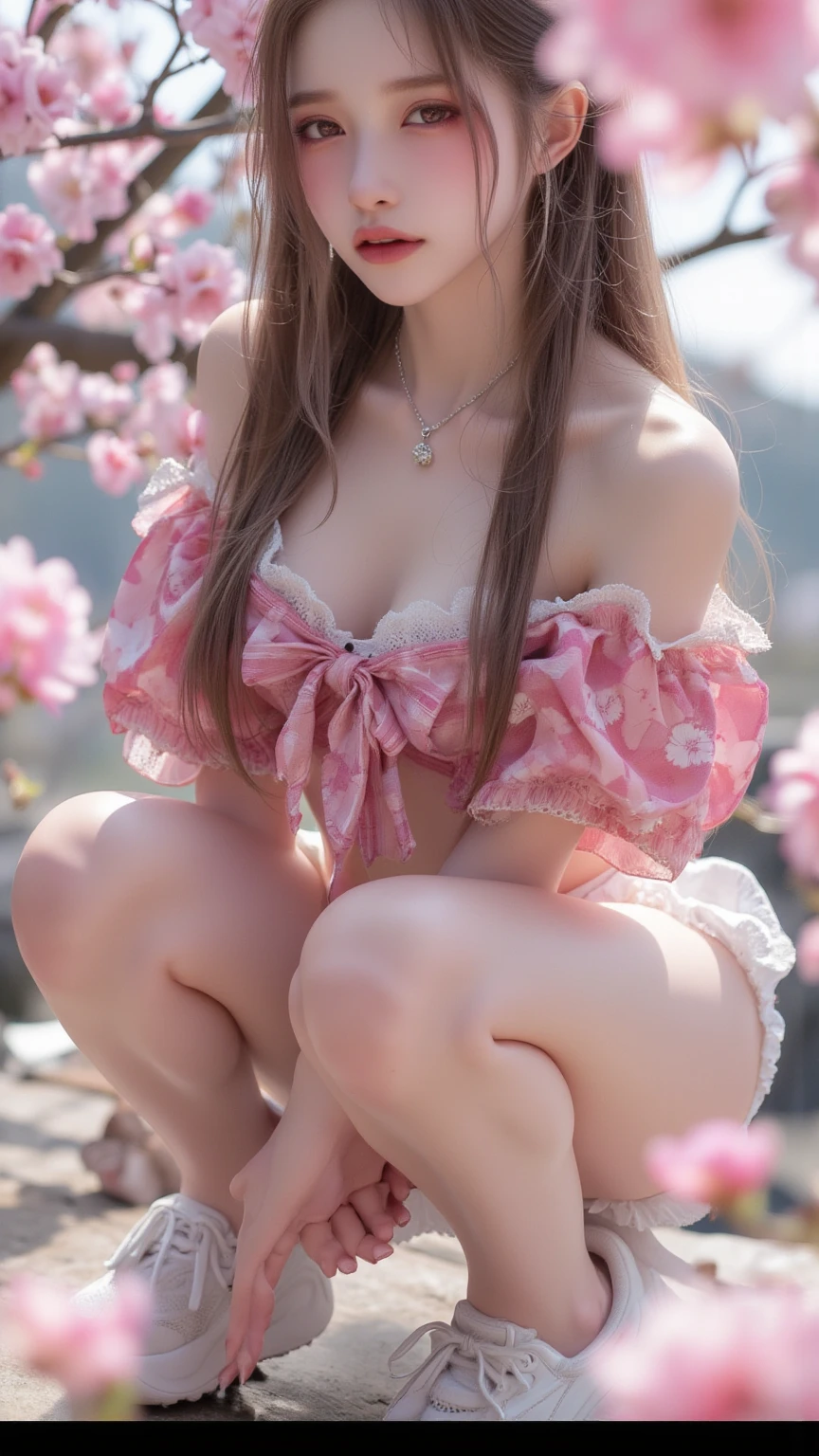 A girl with blue angel wings, holding a chair, sunlight shining on her face, eyes looking at the boy in front, hair decorated with chrysanthemum flowers, skin as white as peeled eggs, long braided hair black, seductive big breasts. wearing a dark pink bra, wearing a dark pink maid outfit, posing, standing surrounded by green grass with grazing horses