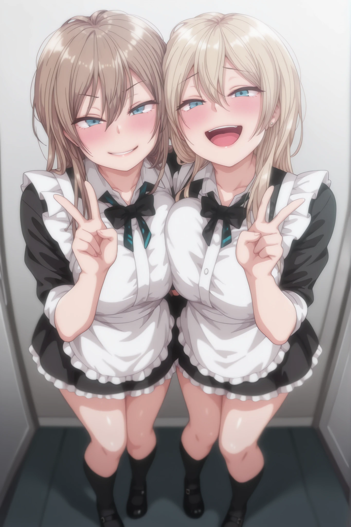 masterpiece, best quality, amazing quality, absurd, 2 girls, kurashiki reigns, long hair, blue eyes, blonde hair, smile, narrowed eyes, parted lips, looking at viewer, naughty face, chisa, alone, chisa_IlXL,Brown Hair,, smile, smiling, messy hair, looking at viewer, maid costume, , standing, hair between the eyes, v sign, blushing, open mouth, blinking, happy, full body