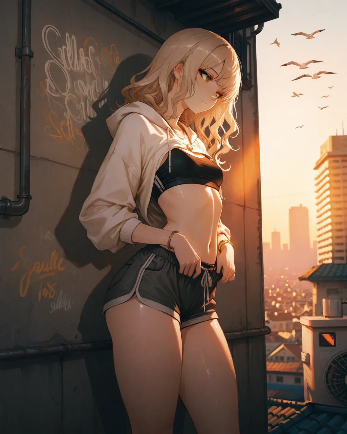 (((Sunset Sunset emphasis Rearward facing Slightly big butt emphasis Butt sticking out、Upper body photo))) ((((Different sexy poses)))))美丽的面容, Highly detailed face and skin texture, (Fine wrinkled eyes, Double eyelids, Thin eyebrows, Glitter Eyeliner: 1.2, Natural cheeks, Shiny skin, Fair skin, (((dark gray color bra, Miniskirt full body red fishnet tights))), Glitter necklace and earrings, (shiny lips: 1. 4), (Seductive smile), (), (Blonde braided hair, oblique bangs), Short hair, , ((upperbody shot)), ((Focus on chest and face)), medium large breasts, upturned breasts.(((The background is a slightly sepia-toned cityscape..........................................)))