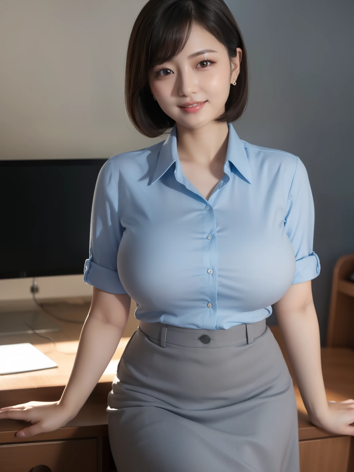 ((masterpiece))、((best quality))、pictures、reality、high resolution、Advanced Depth of Field、real lighting、in the dark、office、sunlight、Senior at work、40s、 realistic background 、sexy lips、sensual smile、light blue shirt、gray skirt、short hair、Very soft breasts、saggy breasts、Open valley、shadow、