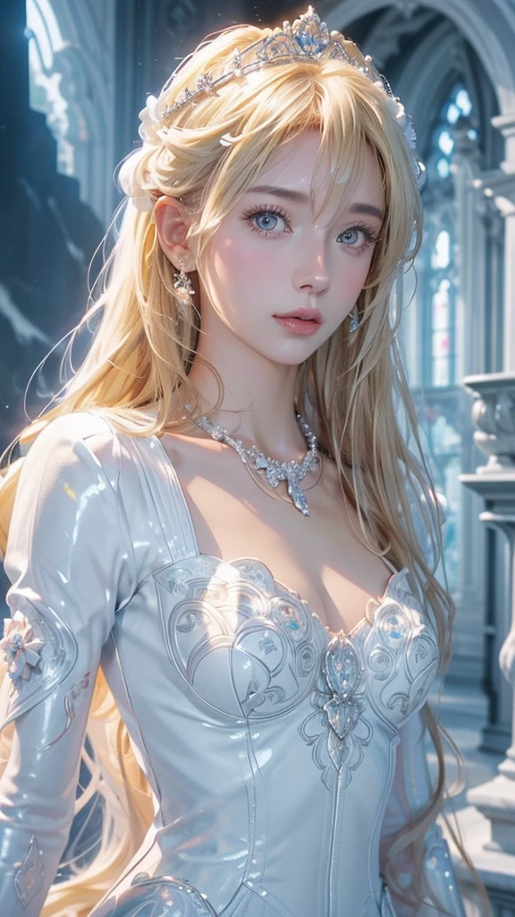 Beautiful white and shining skin、Blonde hair changes color depending on how the light hits it.、Long bangs obstruct the view、Highlights of cheek luster、Sexy, very beautiful, adorable, cute, gorgeous face、The most beautiful face in the world、Super long and gorgeous blonde hair、Smooth straight hair、big, light blue eyes shimmering、Beautiful Bangs、Beautiful and cute 16 year old girl、small breasts, cleavage, Off-the-shoulder clothing、background:GB, ruins