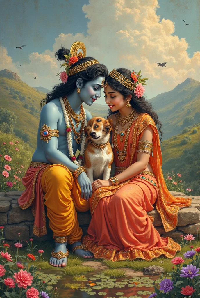 Depict a serene, sunlit forest scene with Lord Krishna and Radha seated together on soft grass. Lord Krishna, with his blue skin and adorned in traditional attire, plays the flute gently, while Radha leans on him lovingly. Krishna wears a peacock feather crown, vibrant garlands, and flowing orange garments. Radha, dressed in a beautiful saree, holds a small white calf beside her, adding to the peaceful ambiance. The background features lush green trees with sunlight filtering through the leaves, creating a warm and divine atmosphere.