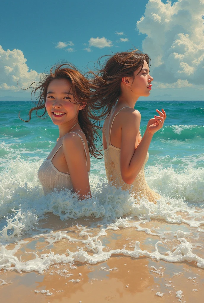 Exquisite (slim (skinny)) Girl (with a perfect, very beautiful gentle face and almond-shaped eyes) (with a southern skin tone and soft lips) (with amber hair) (with freckles) (costs (waist-deep in water)) ((nude)) (with tender (small beautiful breasts)) ((with soft pink nipples)) (barefoot) In the middle of a big river (((and pees in the water))); ((Sunset Evening Amber Light)), (((backlighting, backlight, against the light of the setting sun, silhouette))), ((caramel soft warm shades)); (Warm summer late evening), ((Warm sunset light)); draw ((in watercolor style)); ((very beautiful exquisite face)); (high image quality, high detail), ((discreet faded shades, pale expressionless colors, imitation of film photography, diffused soft light)); ((big alien eyes), skinny); ((delicate shades)), (sfumato)