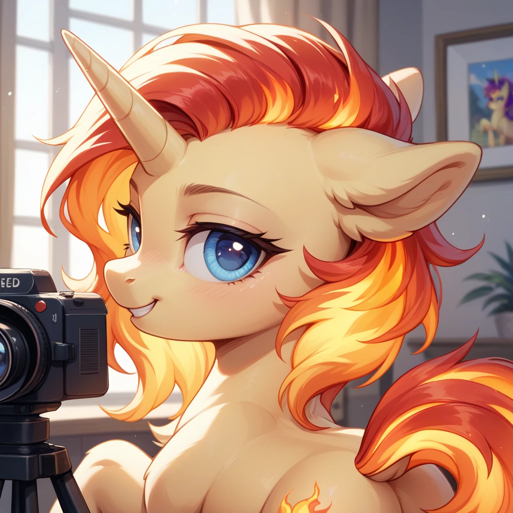 Design a《My Little Pony》Role,Miss,Pegasus,Orange fur,Has neat red hair,Wearing braids,Brown pupils,A camera hung around his neck,The cutie mark is a camera,full-body shot,Fresh background。