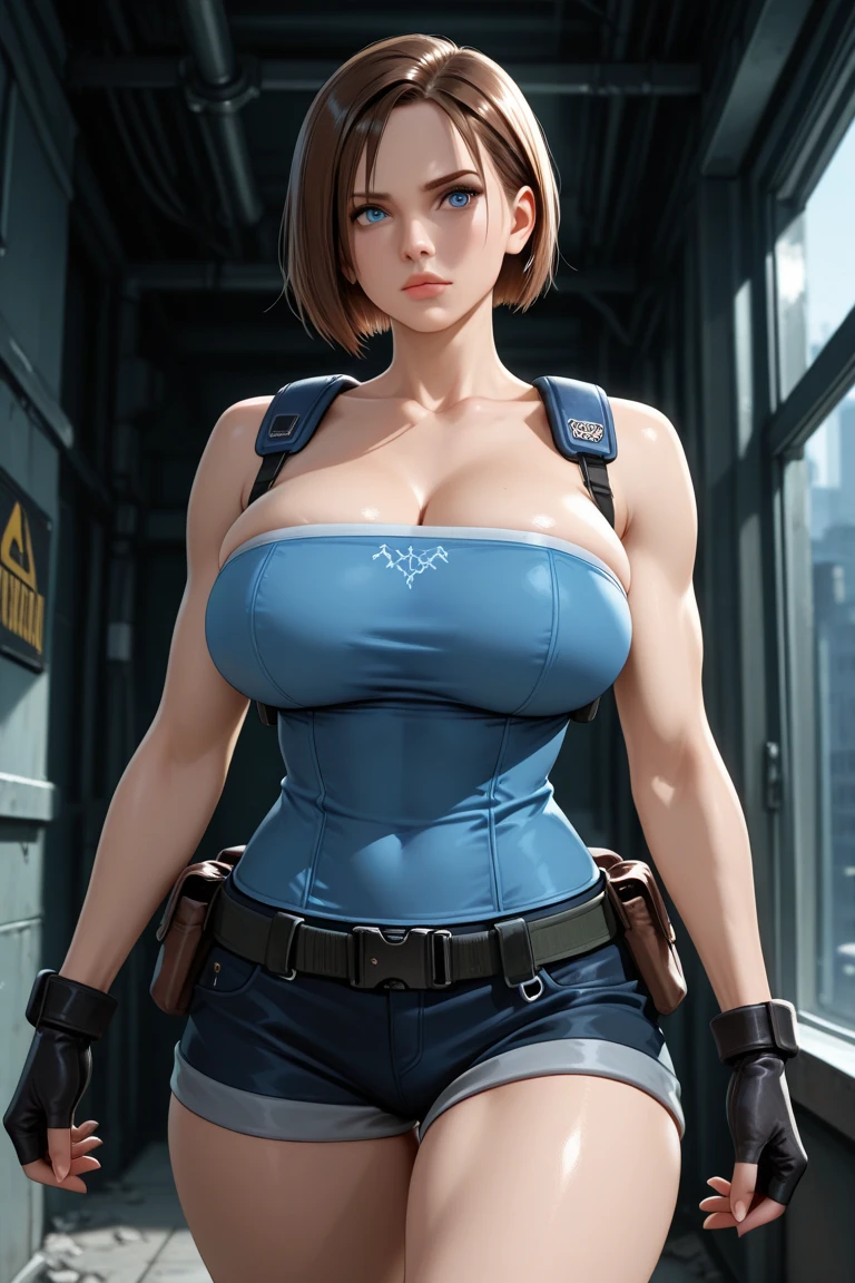 super fine illustration, ultra high resolution, masterpiece, highest quality, perfect shiny shinny skin, perfect lighting, detailed lighting, dramatic shadow, ray tracing, 1 beautiful milf, looking at the viewer, big breasts, exposed cleavage, beautiful detailed light blue eyes, sharp face, clear eyes, long bangs, short cut hair, ((cyberpunk dark city)), Upper body, denim mini skirt, necklace, Jill Valentine - Resident Evil Series, ((tattoo)),