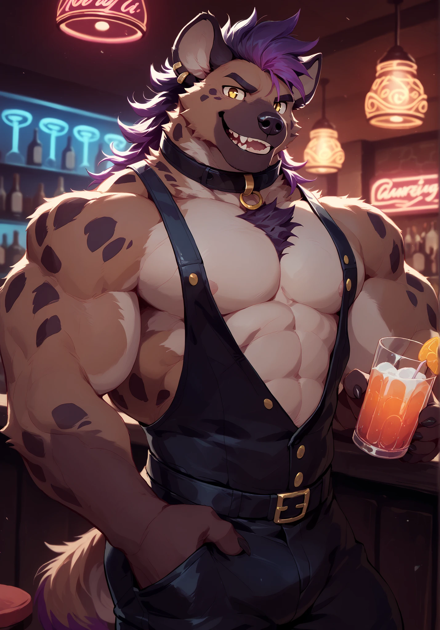 Best Quality, High Quality, Ultra High Resolution,Delicate Eyes, Exquisite Face ,handsome,hyena,bar,Bartender,bartending,(Refreshing),alone,cute smile,nipple, Strong arm , Chest muscles,Cute Face,bartender,Black Glossy Shorts,Leather texture, collar,5 Fingers,paw,Purple Hair,Highlights, Gradient Hair Color ,(Gold ring ), Gold Earrings ,Yellow Eyes,(neon lights),Darker Light,(shakingthe drink),Null-Ghost,Arashi Takehoto,