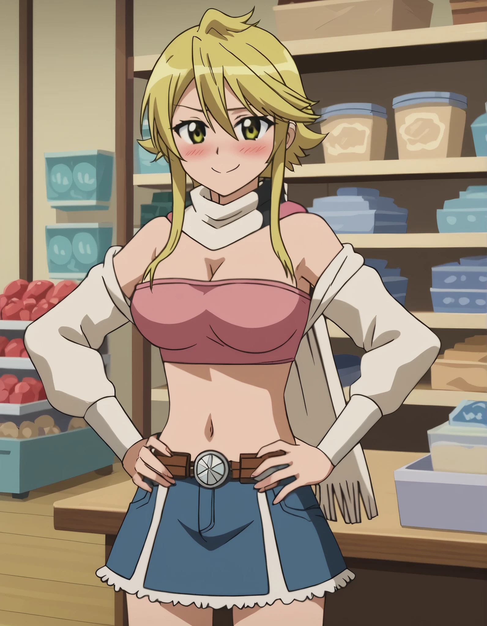 leone without her scarf ,cute and blushing face, a petite smile on her face anime screencap, large breasts, Pink crop top, with elegant mini skirt, which can show the feminine side but still sporty and stylish. Light blue denim jacket, both hands on her waist, clothes shop background