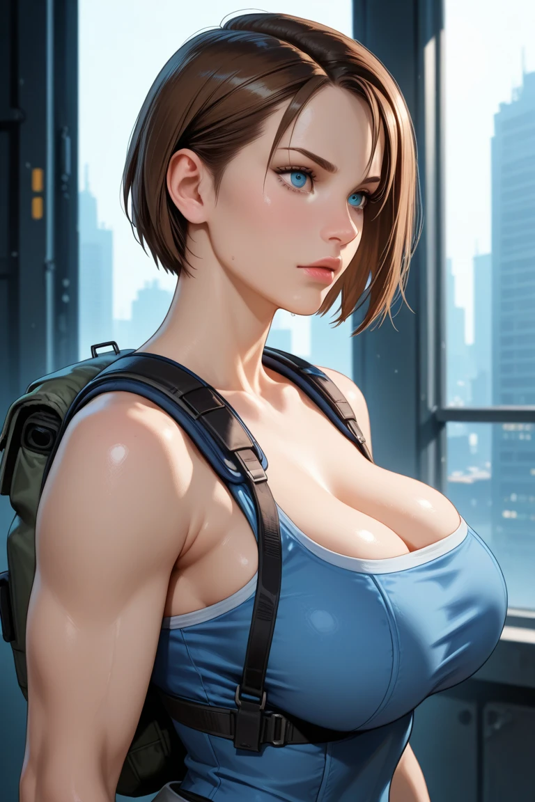super fine illustration, ultra high resolution, masterpiece, highest quality, perfect shiny shiny skin, perfect lighting, detailed lighting, dramatic shadow, ray tracing, 1 beautiful milf, looking at the viewer, big breasts, exposed cleavage, beautiful detailed blue eyes, sharp face, clear eyes, long bangs, short cut hair, ((cyberpunk dark city)), Full body, denim mini skirt, necklace, Jill Valentine - Resident Evil Series, ((tattoo)),