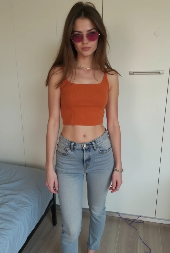 A beautiful woman, wearing ((bandeau bra, jeans pant)), pale skin, smooth pale skin, skin tune pink, perfect body, detailed body, cute face, full body, orange hair, straight hair, silk hair