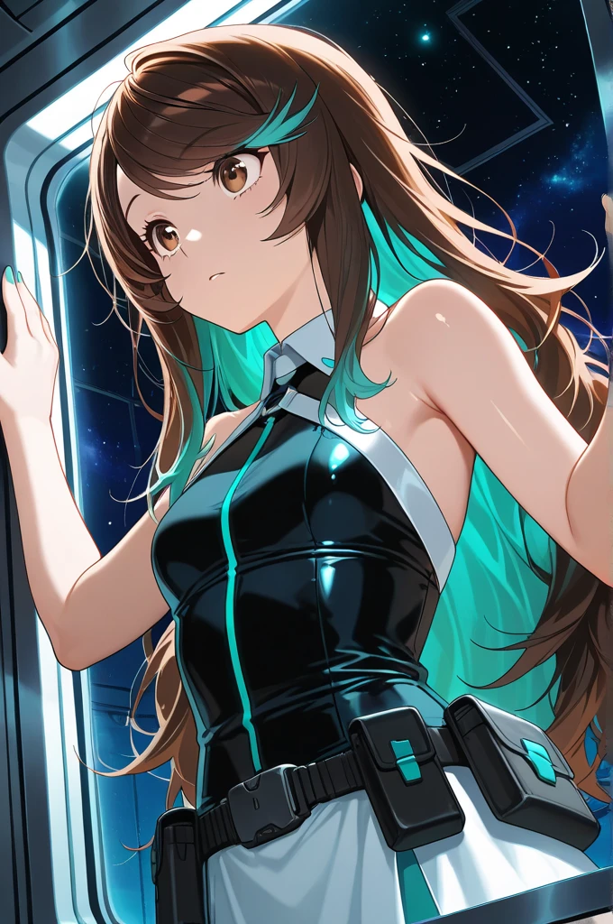 ((masterpiece, Highest quality, High resolution, 超High resolution, Pixel perfect, Written boundary depth, 4K, RTTX 10.0, High resolution))), 1 girl, single, alone, Beautiful Anime Girls, Beautiful art style, Anime characters, ((Shortcuts, bangs, Dark brown hair)), ((Green Eyes:1.4, Round eyes, Beautiful eyelashes, current eyes)), ((Smooth texture:0.75, Anime CG style)), Medium chest, ((Dynamic Angle, close)), Perfect body, (pretty girl), Beautiful girl with headphones, Sci-fi action set on Mars in the 2500s, A shiny black bodysuit, Complex patterns that emit light, smile, Background々It is a mechanical device that emits light of various colors., whole body, Dynamic Angle,