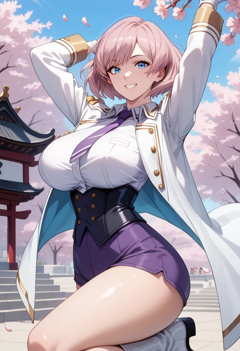 masterpiece, best quality, highres, aaakane, short hair, halo, red eyes, large breasts, cleavage, epaulettes, white gloves, elbow gloves, purple skirt, thighhighs, <lora:shinjou_akane_v2:0.8>, cherry blossoms, bench, sitting, crossed legs,