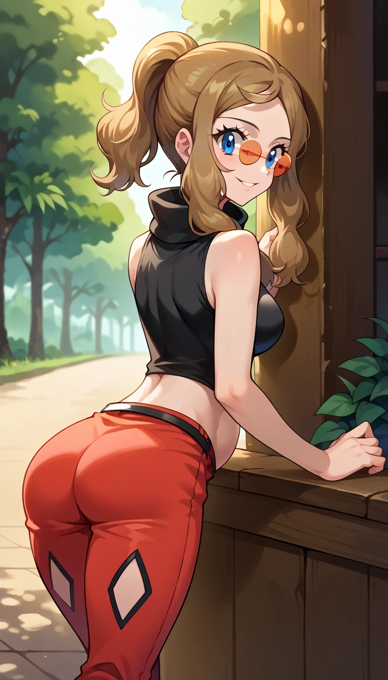 ((8k, rich detail, masterpiece)), ((master work)), (solo, woman, full body, slender), casual, balcony, short blonde ponytail, cute swimsuit, wedgie, thigh gap, tiny butt, narrow hips, behind, happy, close up on butt, focus on butt