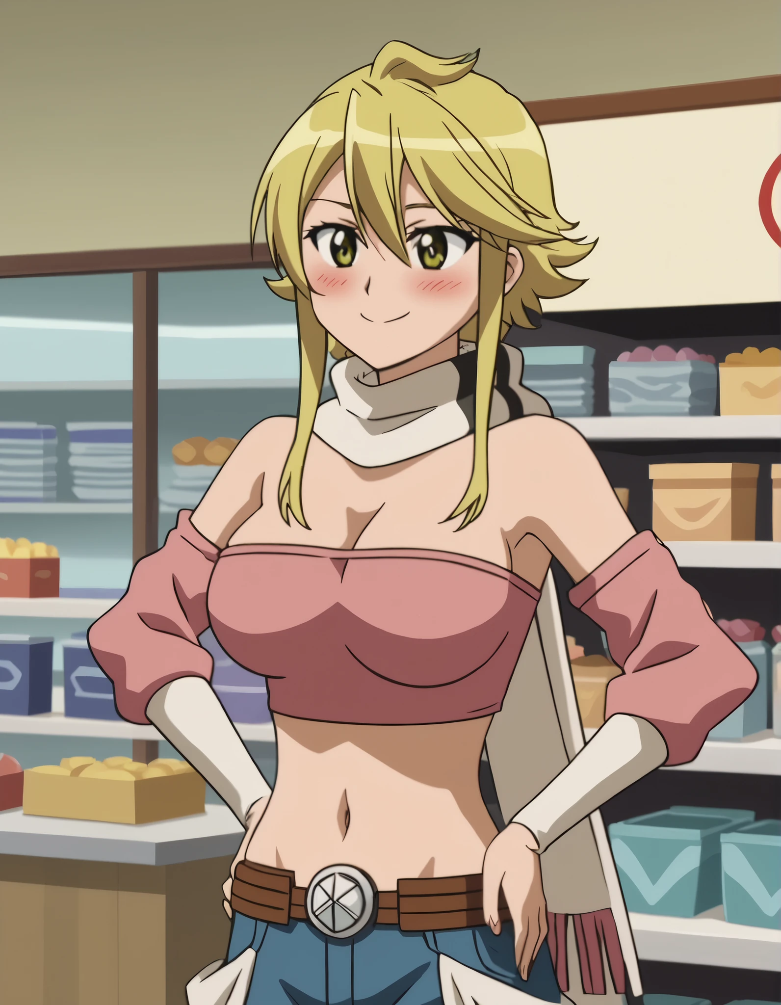 leone without her scarf , bare neck, cute and blushing face, a petite smile on her face anime screencap, large breasts, Pink crop top, with elegant mini skirt, which can show the feminine side but still sporty and stylish. Light blue denim jacket, both hands on her waist, clothes shop background