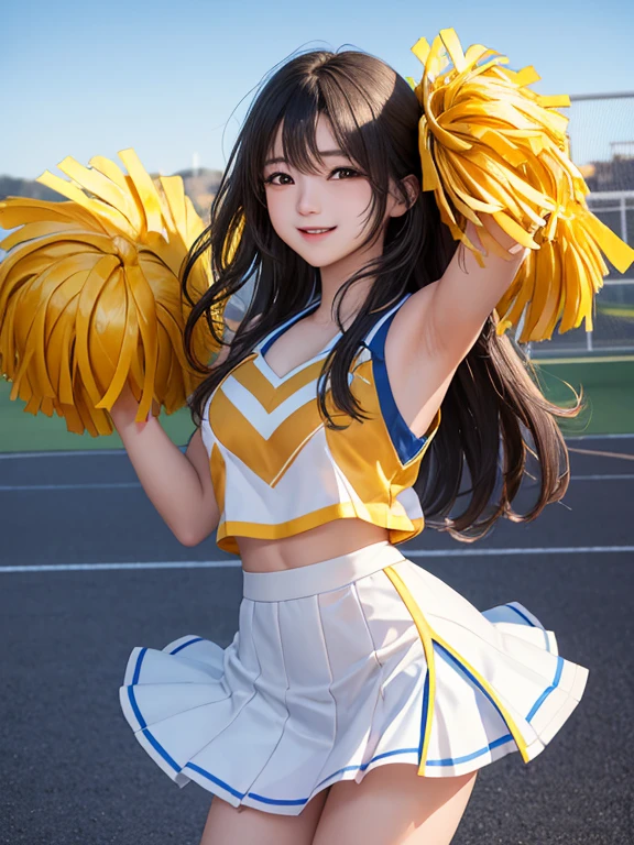 Best Quality, master piece, Ultra high resolution, (Photorealsitic:1.4), Raw photo, extremely detailed, 32K portrait, upperbody, looking at viewer, (1girl, 16-years-old, Japanese number one idol and the most popular cheerleader, at school festival's stage, wearing only colorful Cheerleader's uniform), ((extremely cute face like a Japanese famous idol, surprisingly beautiful big black eyes, amazingly cute smile, black-hair, very beautiful breasts)), detailed face, detailed eyes, detailed hair, detailed breasts, detailed body, detailed colorful cheerleader's uniform