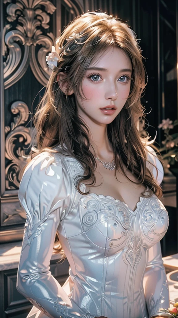 A stunning portrait of Anna Dittman-like beauty, dressed in a fitted red and white dress with fur trim, wide sleeves, and gloves, set against a darker bokeh background. Her long ash-brown hair cascades down her back as she gazes directly at the viewer with a captivating smile (1, 4). Her realistic violet eyes sparkle with intrigue. The focus is sharp, highlighting the intricate details of her outfit, from the delicate patterns to the subtle texture of the fur trim. A stunning ils a flat lineart of a young beautiful woman leaning against colorful wall printed botanial patterns at pop-style Private Rooms,kind smile,bangs,messy short-bob,detailed realistic clothes,soft tone,only in four colors,blonde hair,midriff peekblonde hair ,Gskindentation, High resolution , Upper body, No background, Studio Lightning ,Wearing a Ball gown shiny(photorealistic:1.2) 1woman, Masterpiece, HD, 16K, A captivating latex minimalist illustration of a 17-year-old woman. The upper body, the face at a 45-degree angle to the center, is elegantly accentuated with delicate touches of pastel, high bangs, large eyes, full cheek lips, pale skin, close-up. The illustration resembles a tapestry painting of Anne Bachelier's light-hearted sketches, with a background of a space surrounded by many flowers, and a colorful, magical and mysterious presence is reflected in the expression.A captivating fantasy portrait of a stunning powerful young female model, dressed in a fashionable and stylish outfit with a touch of gothic elements. She is powerfully punching the camera's glass screen, leaving a striking cracked glass effect latex