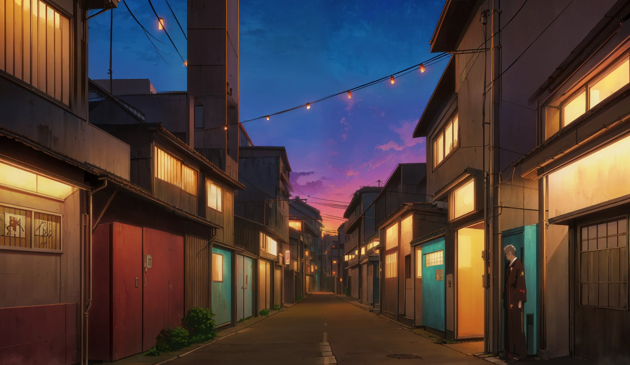 Drawn in 80’s anime art style.
Retro anime. Vintage Anime. Classical Anime.
Japanese Street.
The street hums with quiet life, nestled somewhere between sleepy suburb and restless city. Low-rise buildings with neon signs in faded kanji line the sidewalks—convenience stores with humming fluorescent lights, ramen shops exhaling rich steam into the cool evening air, and tucked-away alleyways where shadows stretch long and secrets lurk.
Overhead, power lines crisscross the dusky sky like a web, swaying gently in the breeze. The air smells of grilled meat, old pavement, and the faint trace of cigarette smoke from a lone salaryman leaning against a vending machine, flicking ashes and watching the world go by with half-lidded eyes.