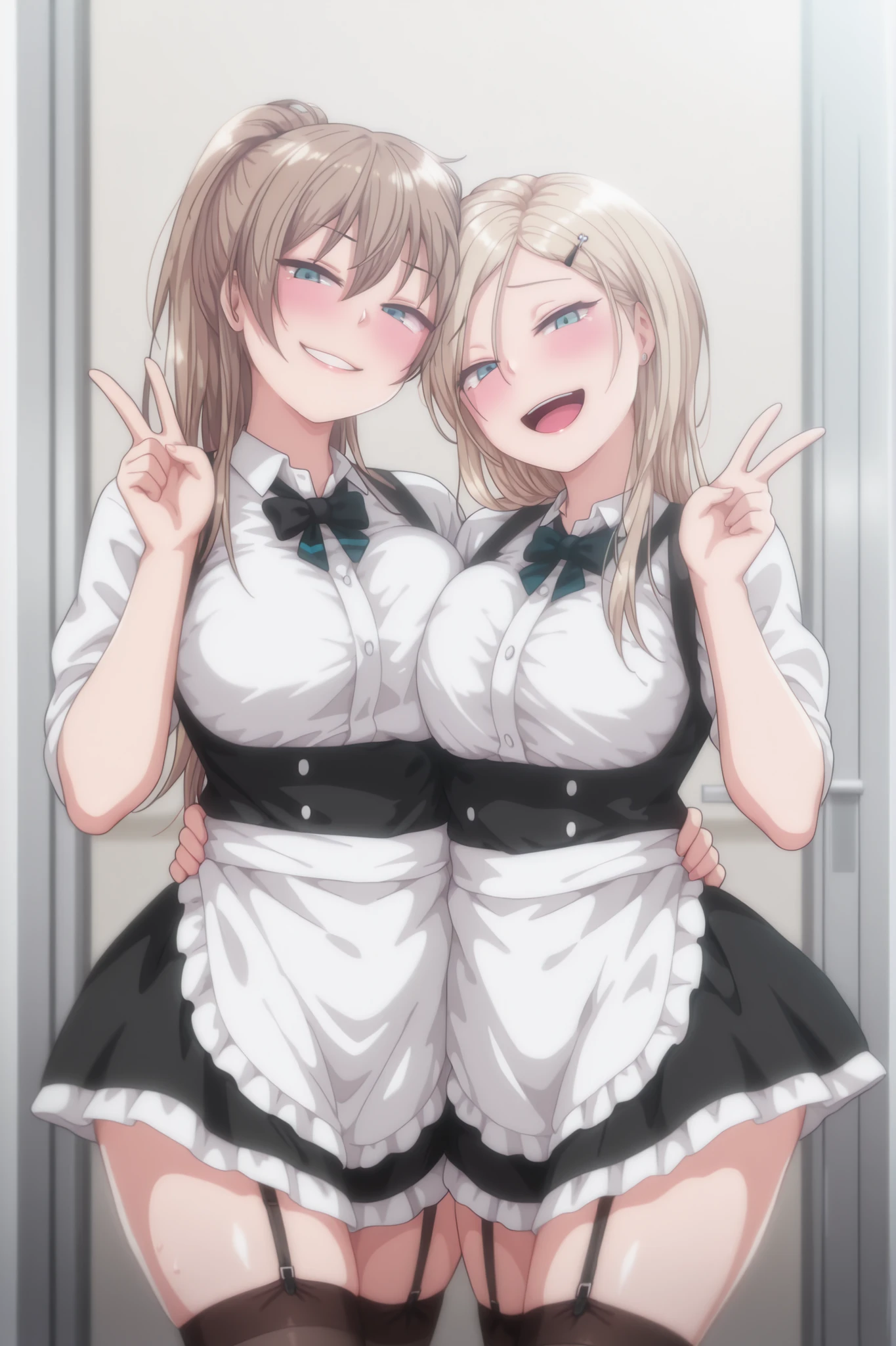 masterpiece, best quality, amazing quality, absurd, 2 girls, kurashiki reigns, long hair, blue eyes, blonde hair, smile, narrowed eyes, parted lips, looking at viewer, naughty face, chisa, alone, chisa_IlXL,Brown Hair,, smile, smiling, looking at viewer, maid costume, , standing, hair between the eyes, v sign, blushing, open mouth, blinking, happy, black stockings(garter belt),hair clip, ponytail,