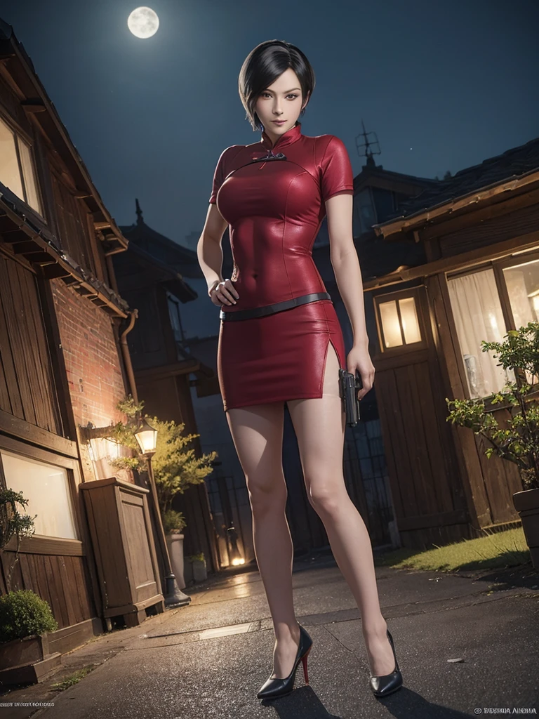1 girl， alone， Ada Wang (Ada Wong) Appearance《Resident Evil 4 Remake》， Short hair details， black hair color hair， red cheongsam， short sleeve shirt， Black， medium breasts， upper limbs， hindquarters， black high heels， Adriana&#39;s face， find your audience， sly smile， She had a pistol around her waist， best quality， high resolution：1.2， 18th century village in the background， shadow， nightmare， moonlight， upper body photography， Low photographic angle、depth of field、center focus
