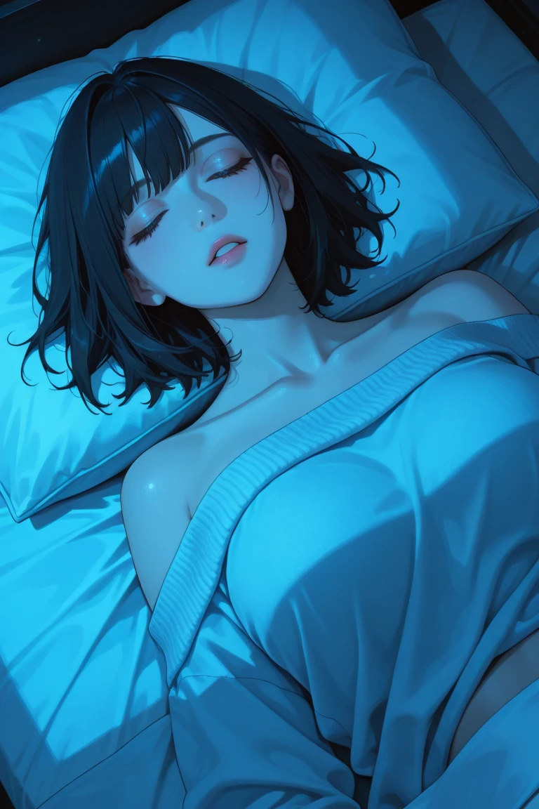 cell phone電話を手に持ち、Anime woman lying in bed looking at a screen, late night, nighttime, Beautifully illuminated, Illuminated from the side, night, cell phone電話をチェックする, Digital Enhancement, Portrait Shot, night - time, night time, Anime woman lying in bed looking at her smartphone, night-time, cell phone, Low light, The lighting is dim