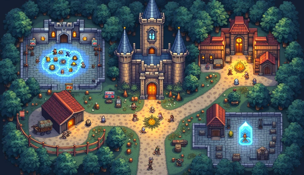 "Highly detailed pixel art RPG village map with a semi-realistic style, viewed from a slightly elevated top-down perspective. A grand medieval castle sits near the upper center, surrounded by glowing magical crystals. On the left side, a warrior training area with dummies, weapons, and fighters in practice. On the right, a magical training zone with glowing runes, books, and mages casting spells. Scattered around the lower area are medieval houses, a potion shop with a hanging sign, and ambient elements like carriages, trees, fences, barrels, and villagers walking. A mystical portal or dungeon entrance is also visible, glowing faintly. The entire village is enclosed by a small stone wall. Fantasy RPG world, game-ready layout.