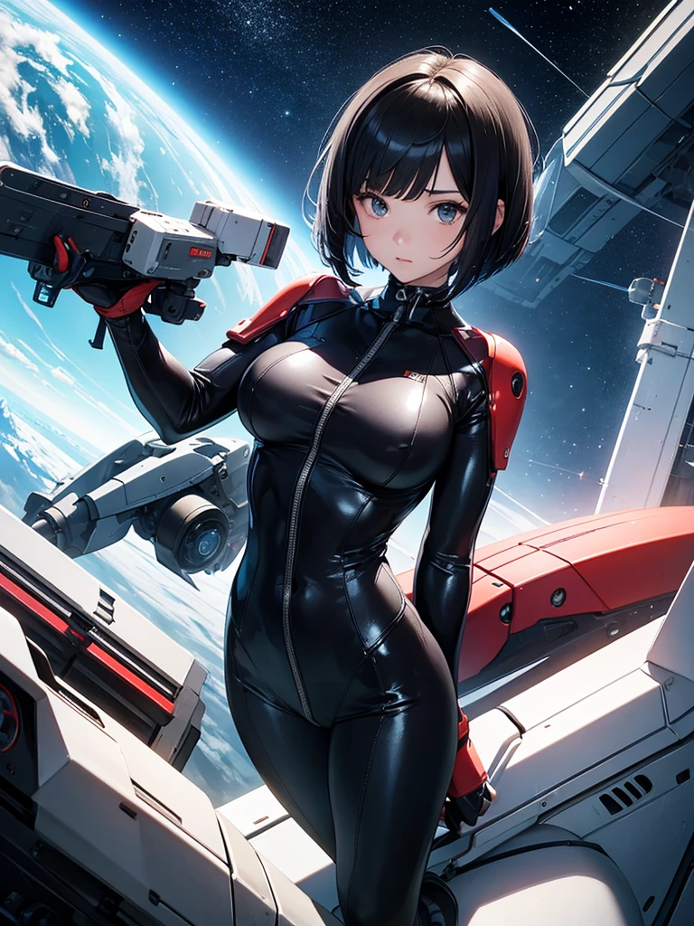 1girls,Female Star Warrior,Delicate and beautiful face,blushes,The lips open slightly,Hair color and dyeing,Busty boobs,Convex buttocks,Unidentified fluid on the buttocks,Dressed in a bodysuit,High-tech combat boots,Armed with a firearm,Weapons of the future,perfectly proportioned,Detailed clothing details,Liquid effect,space,heavenly body,Interstellar battlefield,Harsh war environment,detailed backgorund,high quailty,master-piece,8K,