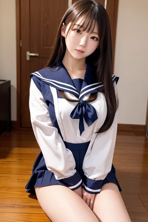 ( very detailed depiction, clear depiction, masterpiece, high resolution, high degree of perfection, perfect anatomy), 1 girl, cute face, crying face, detailed face, slender body, beautiful legs, semi-long hair,( red eyes, sparkling eyes), beautiful nose, ( high school girl uniform, No panties),( spread regs:1.4), bed room,on a bed ( pussy focus:1.2),