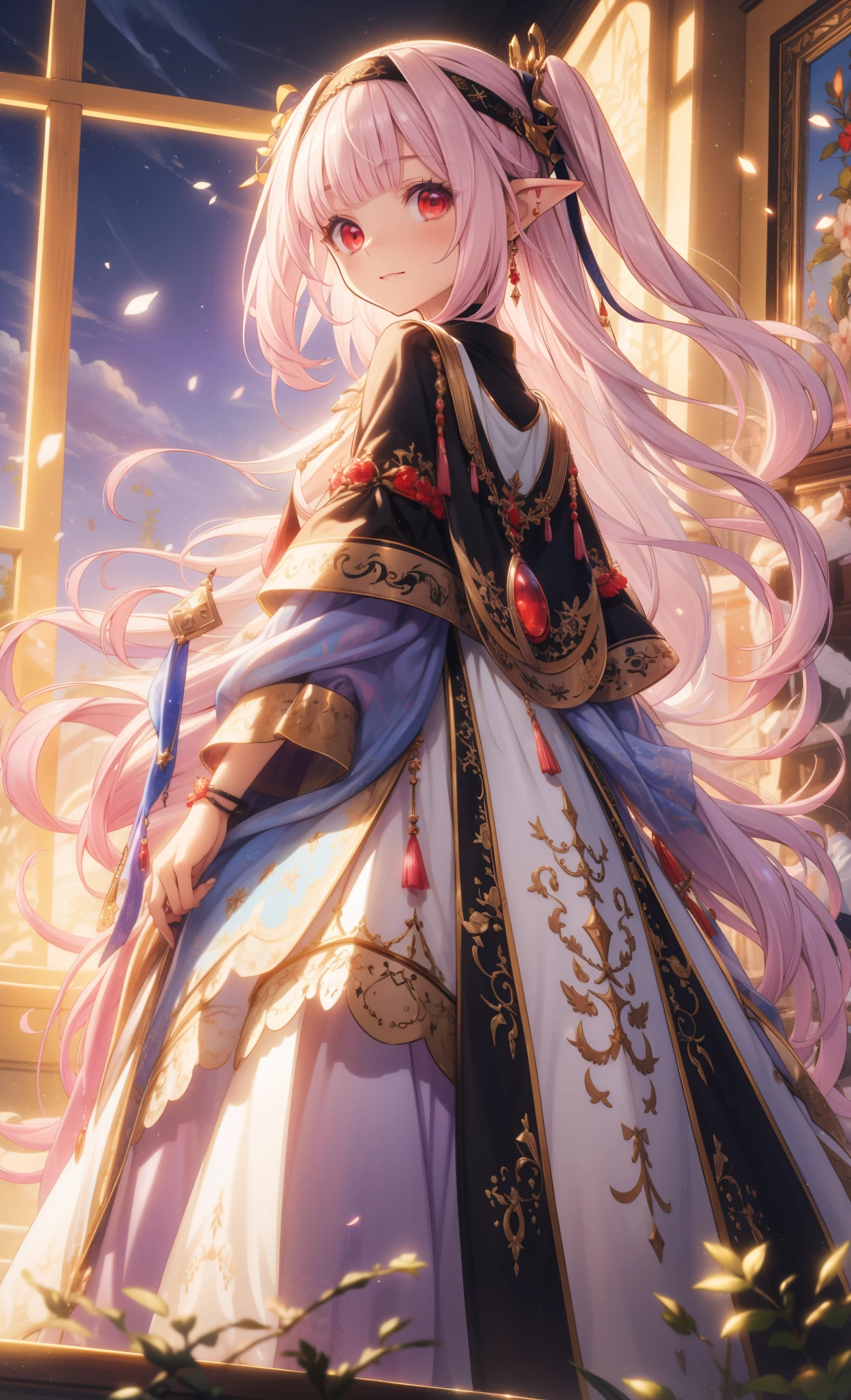 ( masterpiece、top quality、illustration、 very high quality 、HD、 extremely sensitive writing ) Ahog,Very Long Hair,pink hair,two side up,gradient hair color,colorful hair,Flowing Hair,Hairband, black ribbon,Hair accessories,two side up,Pointed ears, bangs, red eyes 、 beautiful national costume style dress , She wears a shawl 、Hair must flutter in the wind,Light and Shadow Effects,Golden effect ,