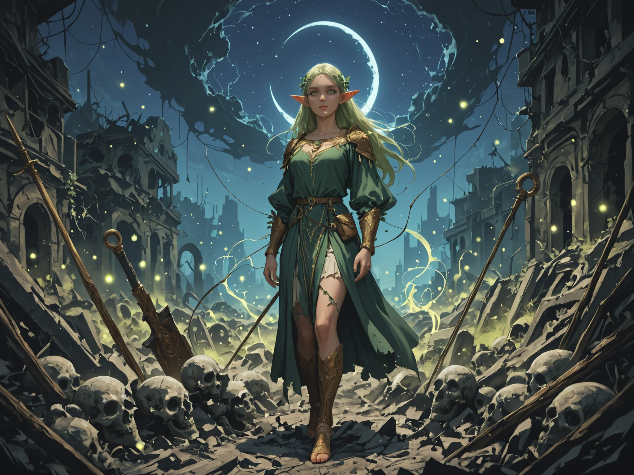 "An elf woman, embarking on a journey through an ancient, abandoned city. The city is in ruins, with broken walls, crumbled buildings, and debris scattered everywhere. The streets are lined with skulls and bones, both animal and human, along with decaying armor and rusted weapons. It is night, and a crescent moon hangs in the sky, casting a soft, eerie light over the desolate city. The atmosphere is filled with an air of ruin and mystery.

The elf woman carries a beautifully crafted bow, adorned with intricate vine and leaf motifs that reflect her elven heritage. The bow is made of polished wood with golden ornaments. She wears attire dominated by green and yellow leaf tones, with dark green batik patterns on her clothes. Her tight-fitting pants, ending just below her knees, emphasize her athletic yet graceful elven legs.

Her face is stunning, with large, captivating green eyes that transition into hints of yellow. She has bold eyebrows, and her lips are painted with a natural light purple shade. Her hair is a gradient of purple fading into blue at the tips. The elf woman is in a poised, ready-to-shoot position, navigating the deserted city.

In the distant sky, silhouettes of winged monster creatures can be seen flying, adding an ominous presence. Flickering green fireflies hover around her, casting a soft, magical glow without being too bright. The overall atmosphere exudes a haunting, mysterious vibe, as the elf woman carefully makes her way through the eerie ruins, ready for any danger that may lurk." , fantasy, medieval , myth, low shot , long shot
