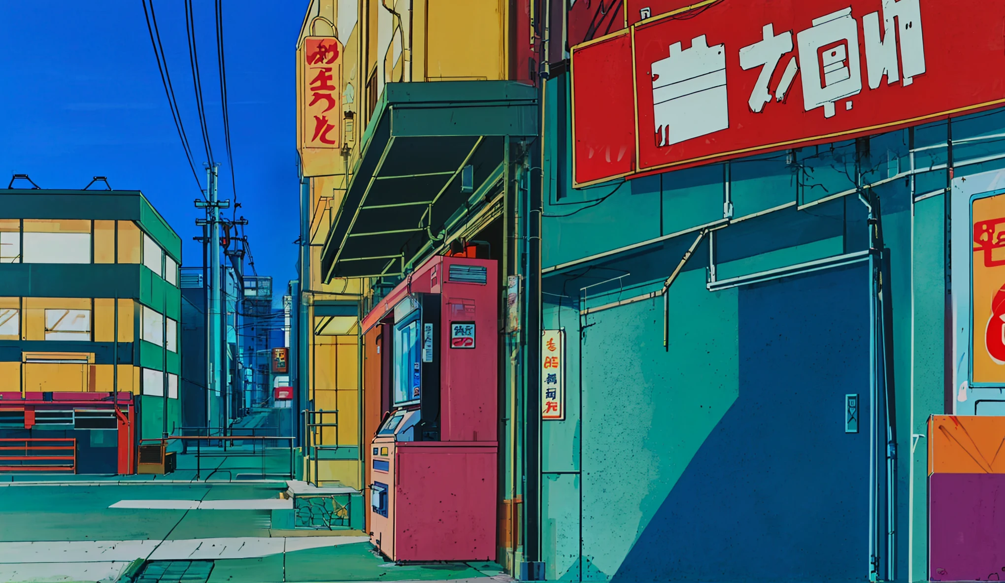 Drawn in 80’s anime art style.
Retro anime. Vintage Anime. Classical Anime.
Japanese Street.
The street hums with quiet life, nestled somewhere between sleepy suburb and restless city. Low-rise buildings with neon signs in faded kanji line the sidewalks—convenience stores with humming fluorescent lights, ramen shops exhaling rich steam into the cool evening air, and tucked-away alleyways where shadows stretch long and secrets lurk.
Overhead, power lines crisscross the dusky sky like a web, swaying gently in the breeze. The air smells of grilled meat, old pavement, and the faint trace of cigarette smoke from a lone salaryman leaning against a vending machine, flicking ashes and watching the world go by with half-lidded eyes.