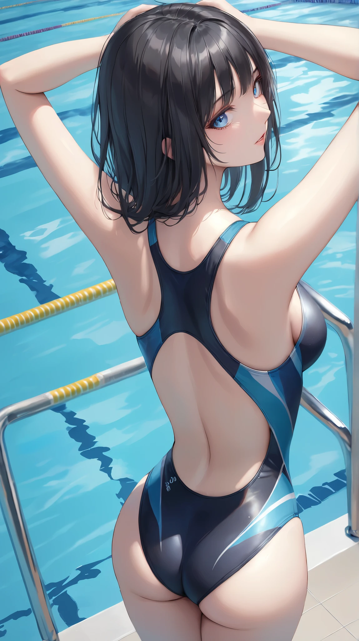 (masterpiece,best quality,ultra detailed,high resolution),(realistic:0.3),30-years-old,standing,looking viewer,looking back,lady,black hair,cool eyes,competition swimsuit,high angle,wide hip,school pool,arms up,