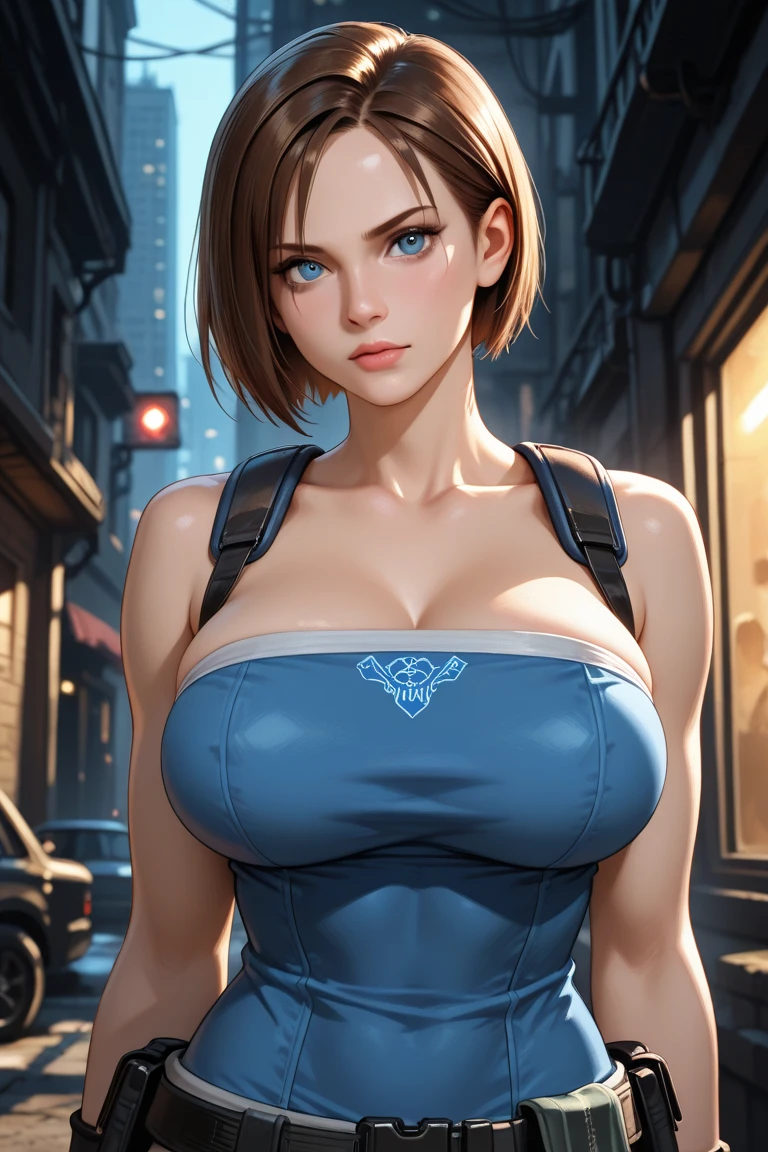 super fine illustration, ultra high resolution, masterpiece, highest quality, perfect shiny shinny skin, perfect lighting, detailed lighting, dramatic shadow, ray tracing, 1 beautiful milf, looking at the viewer, big breasts, exposed cleavage, beautiful detailed light blue eyes, sharp face, clear eyes, long bangs, short cut hair, ((cyberpunk dark city)), Upper body, denim mini skirt, necklace, Jill Valentine - Resident Evil Series, ((tattoo)),